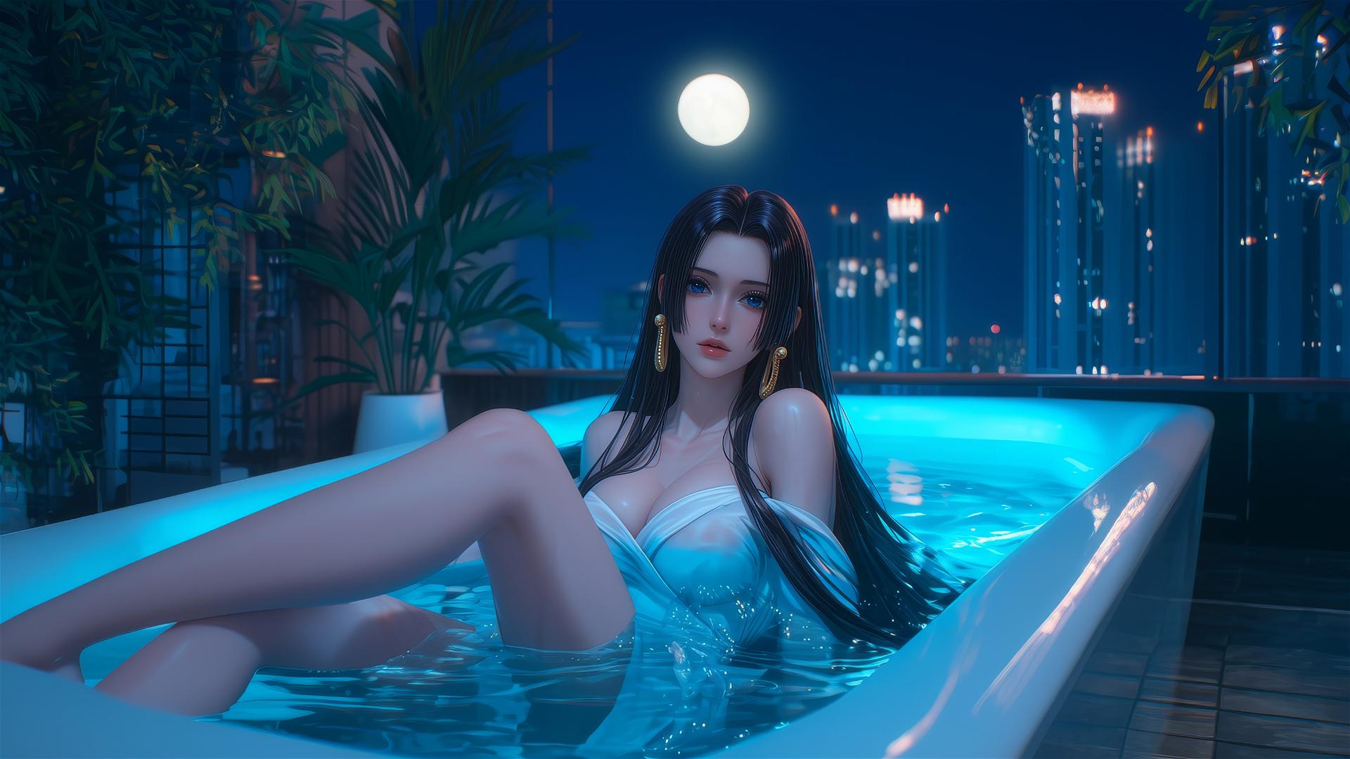 Boa Hancock from One Piece resting in a tub under moonlight