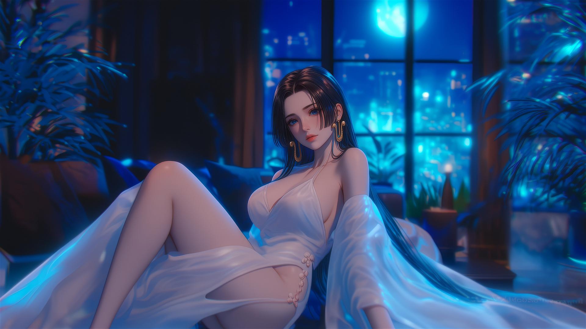 Boa Hancock from One Piece, resting under moonlight with short hair.