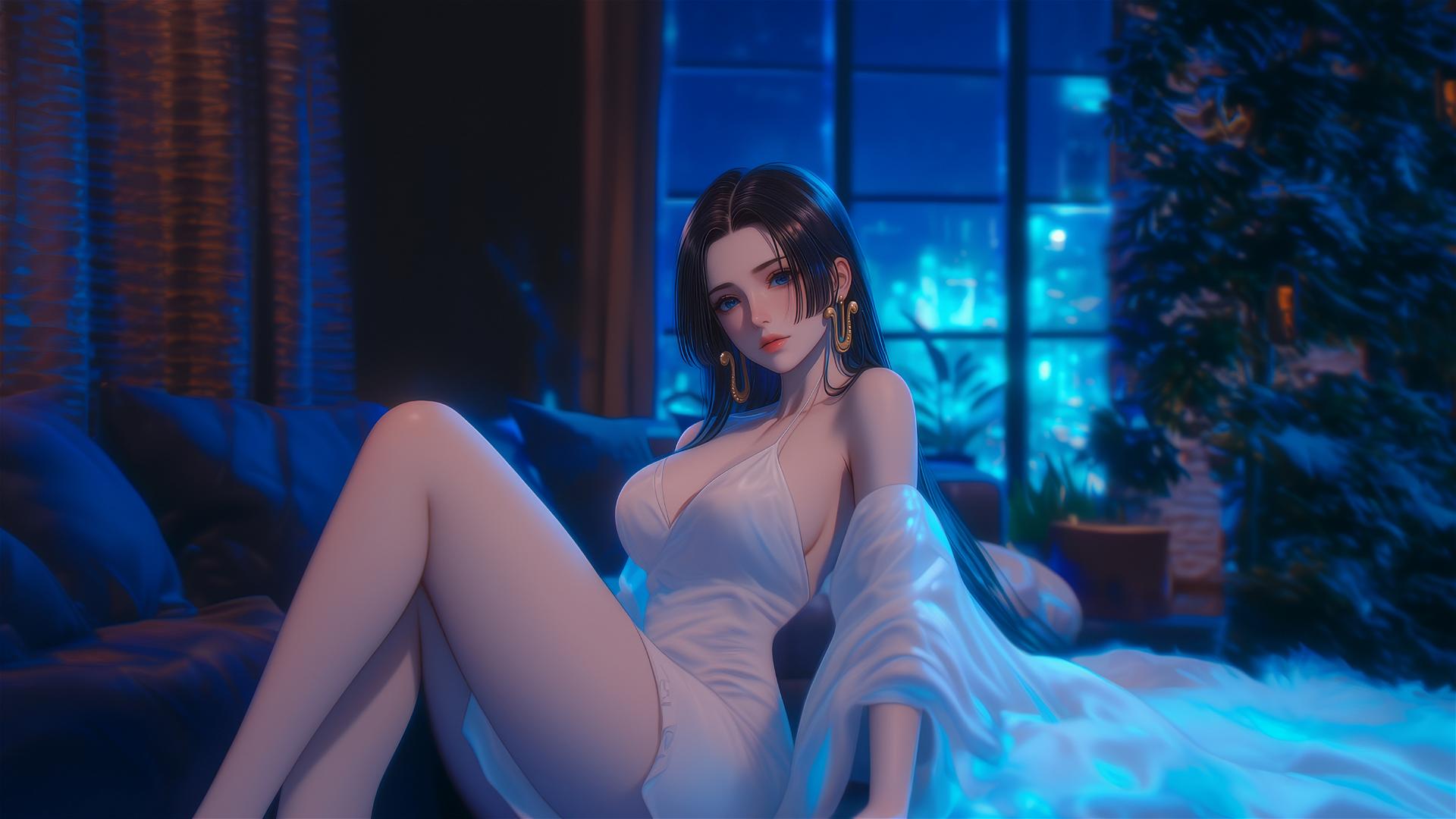 Boa Hancock resting in apartment with moonlight glow, short hair.