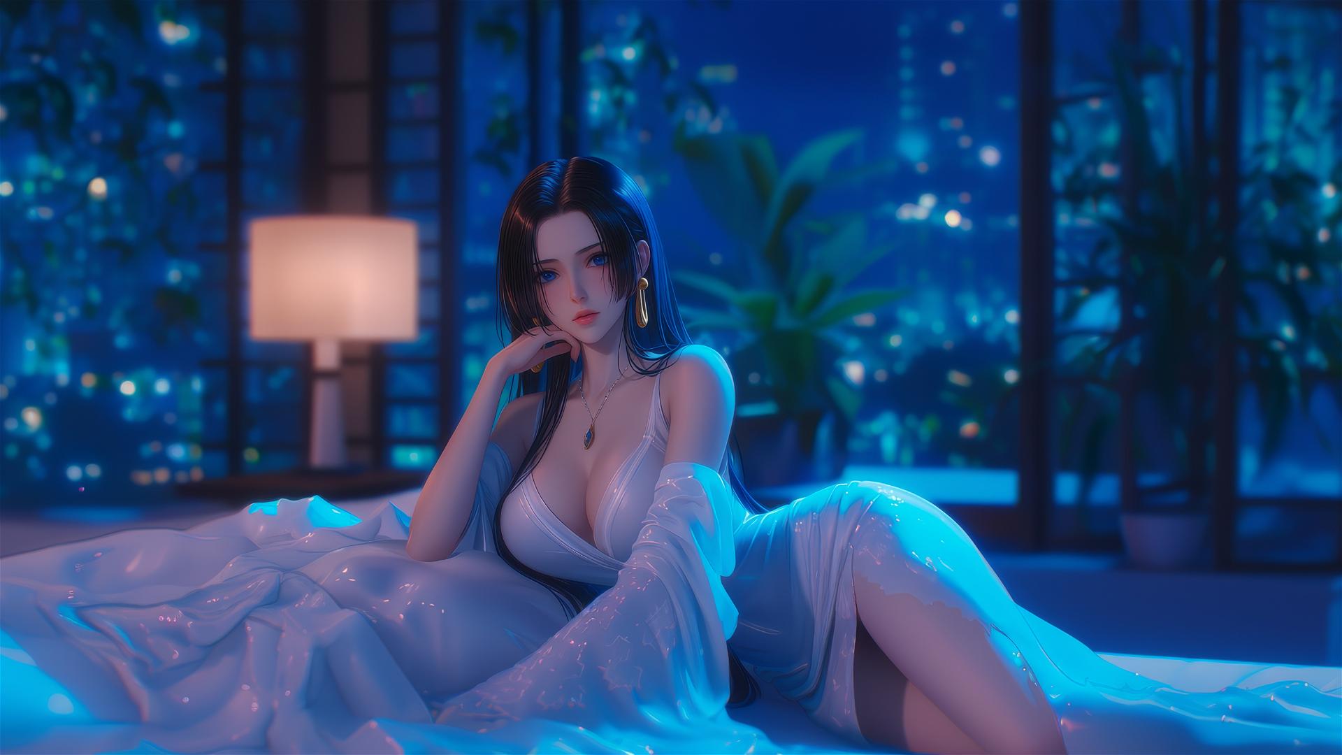 Boa Hancock from One Piece resting in apartment with moonlight glow, short hair