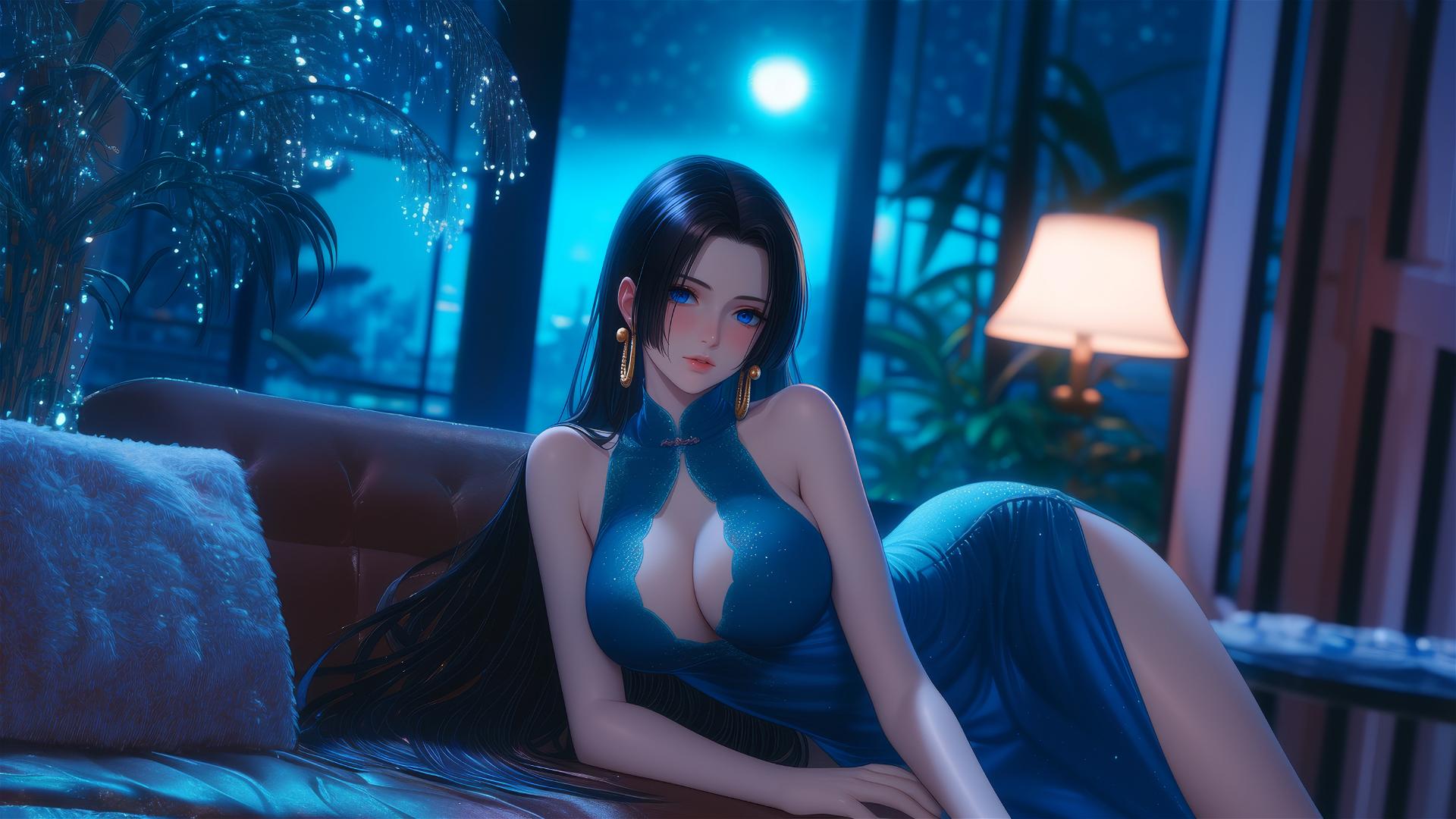 Boa Hancock from One Piece sitting in an apartment by moonlight with short hair