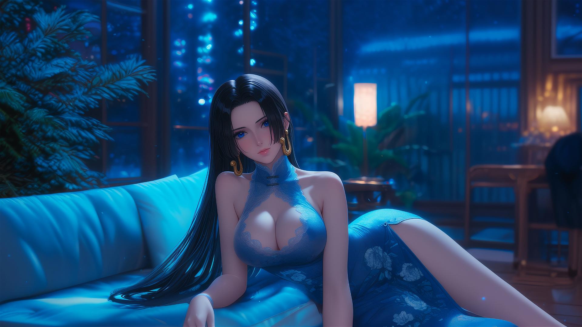 Boa Hancock sitting in apartment with moonlight glow