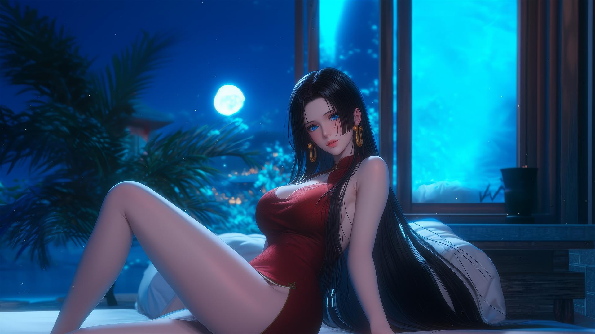 Boa Hancock from One Piece, sitting in an apartment, moonlight glow.