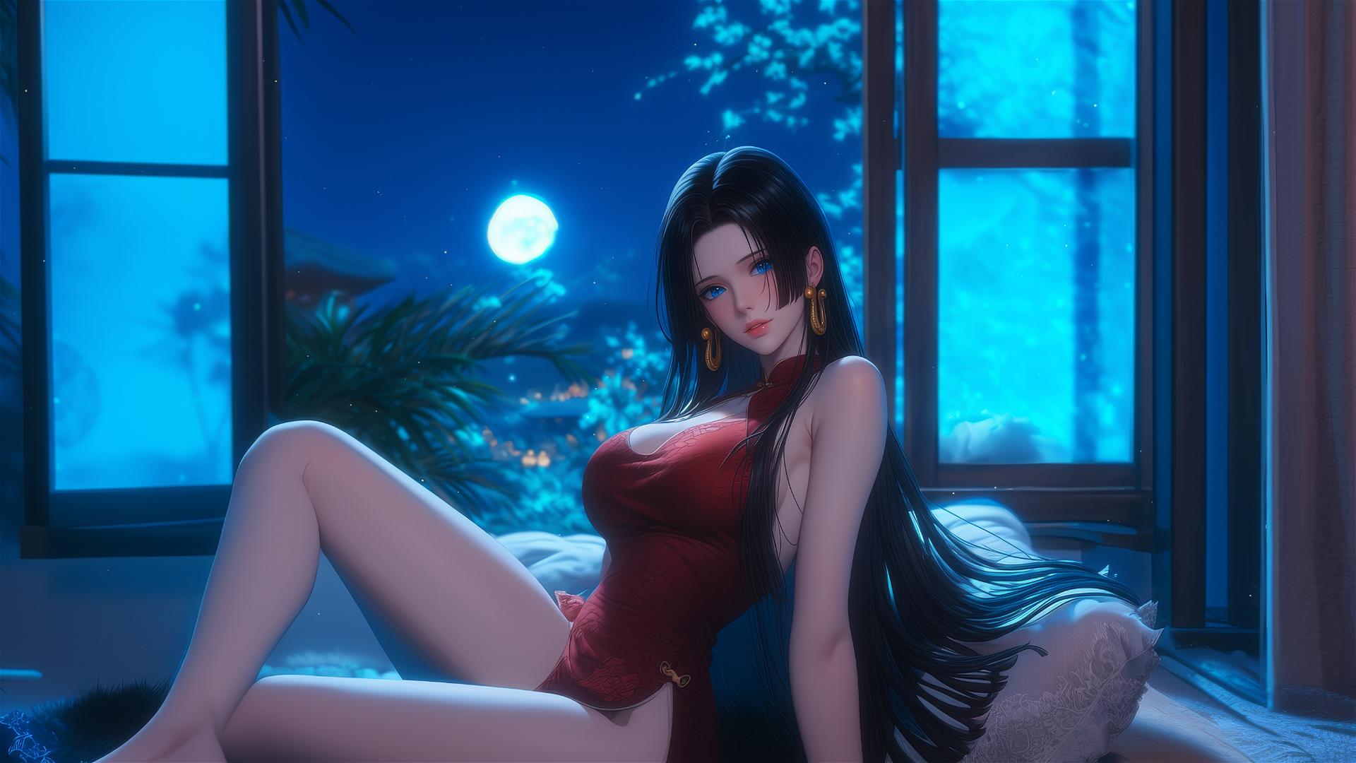 Boa Hancock from One Piece sits in an apartment, illuminated by moonlight, with short hair.
