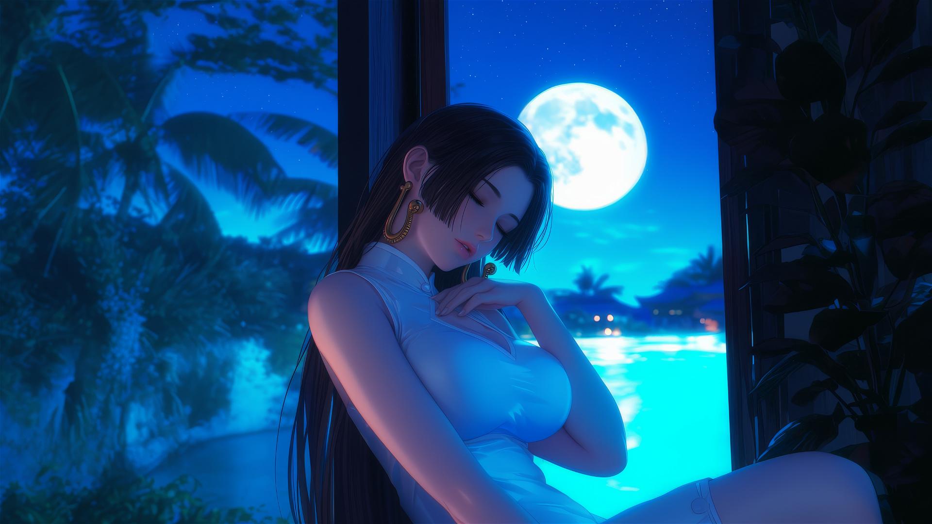 Boa Hancock resting in an apartment with moonlight casting a soft glow.