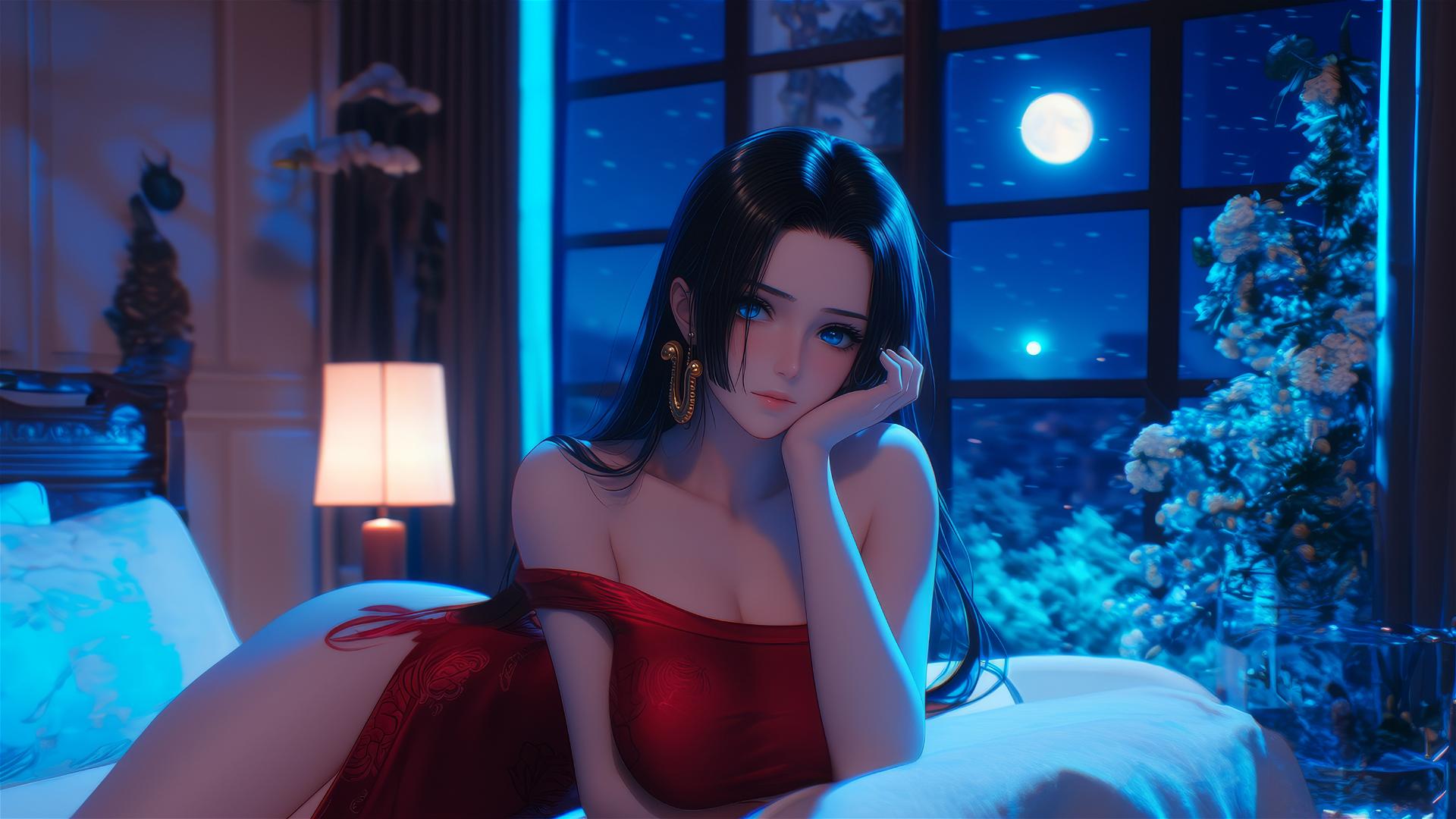 Boa Hancock from One Piece resting in apartment under moonlight with short hair