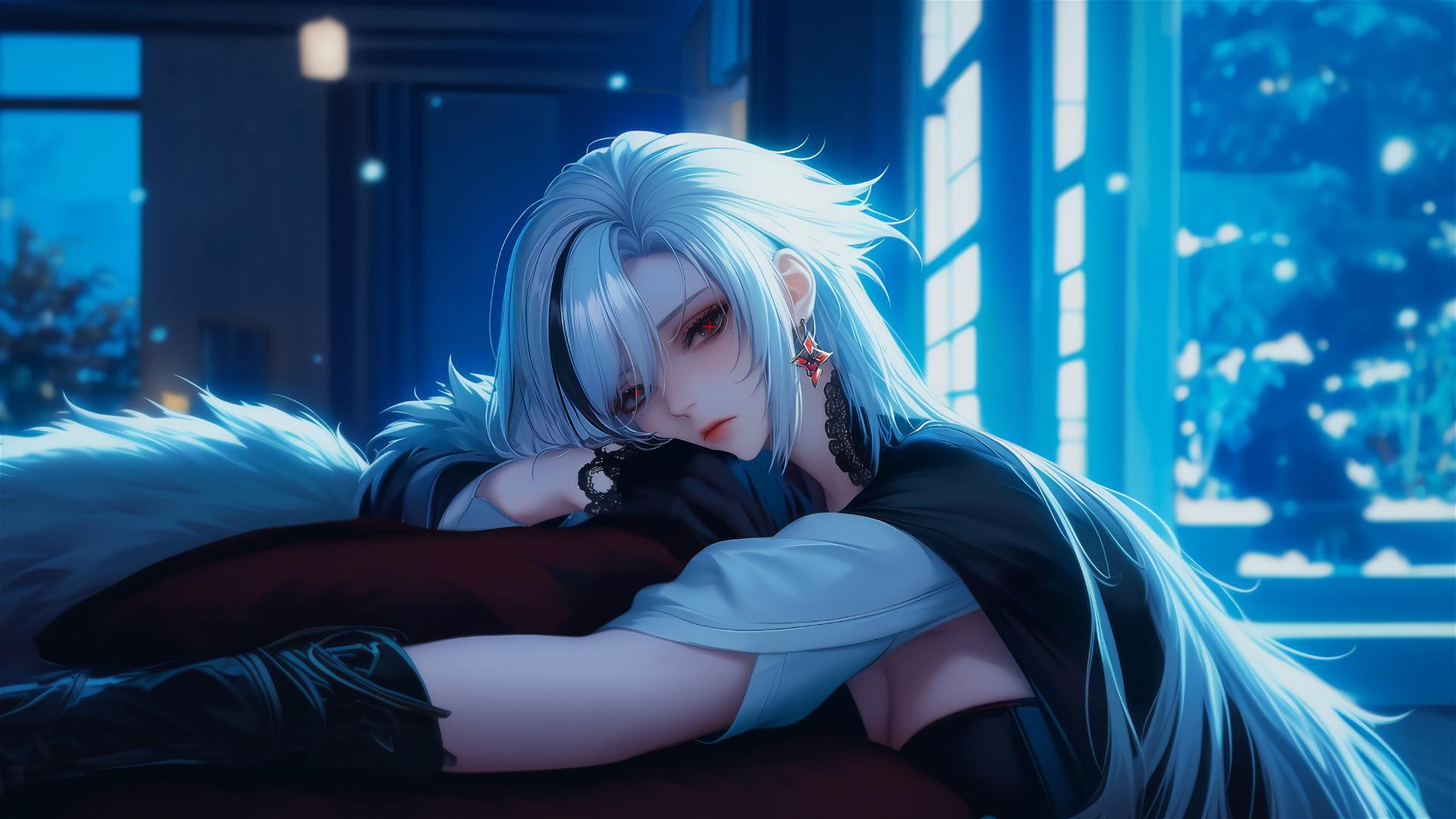 Arlecchino with white hair and black streaks, red 'x'-shaped pupils, resting in a moonlit modern hotel room.