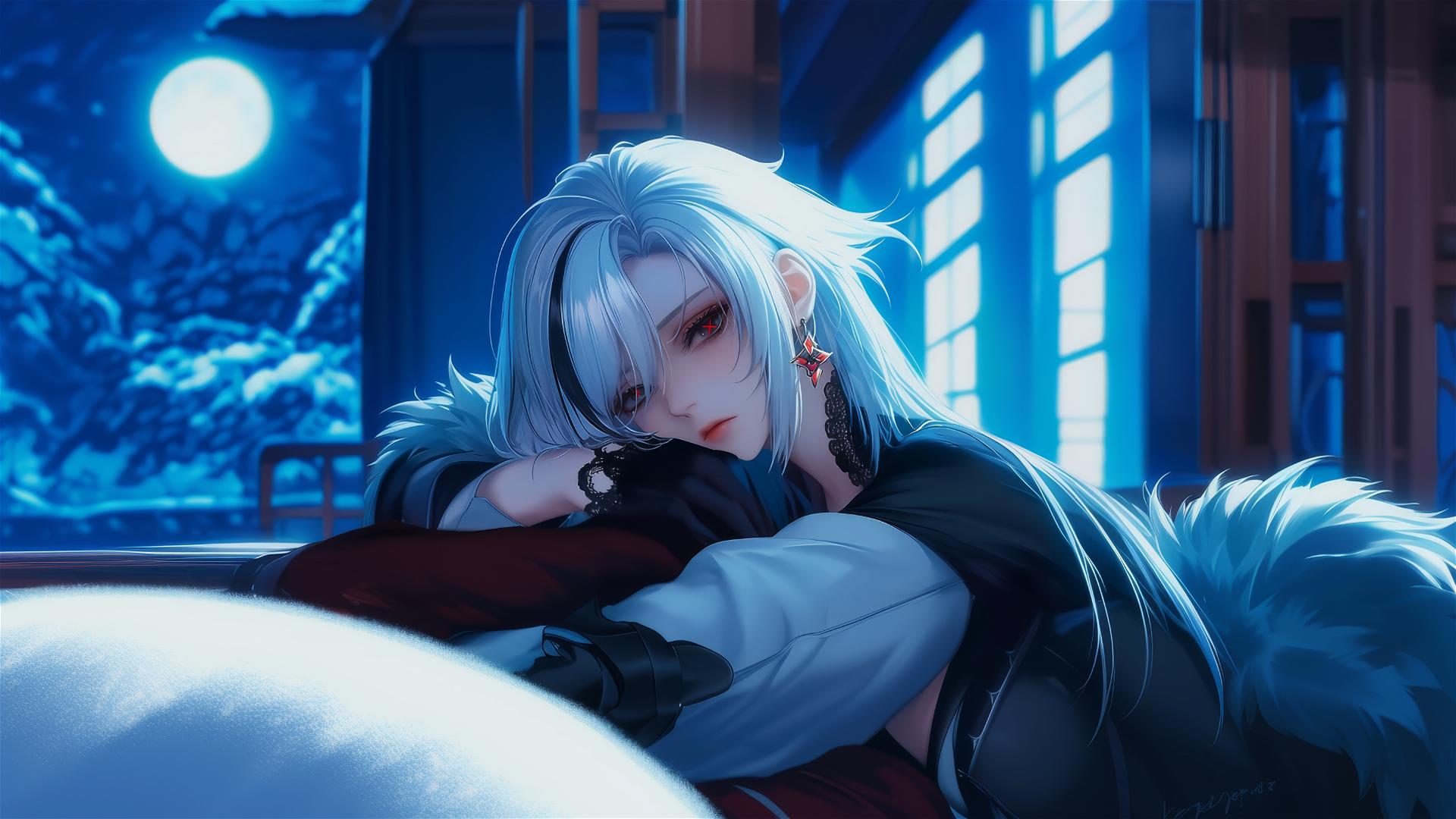 Arlecchino from Genshin Impact with snow white hair and red x-shaped pupils, resting in a moonlit modern hotel room.