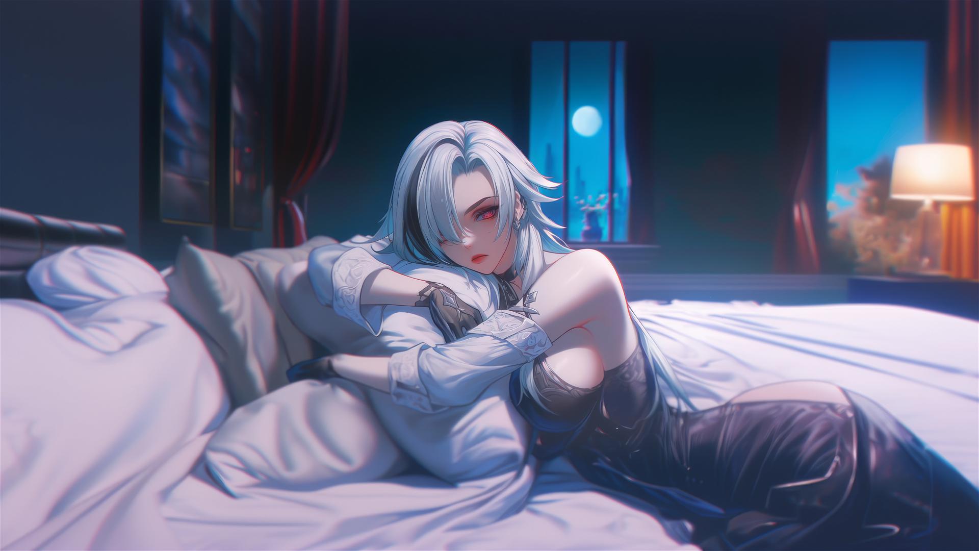 Arlecchino from Genshin Impact resting in a modern hotel room, moonlit.