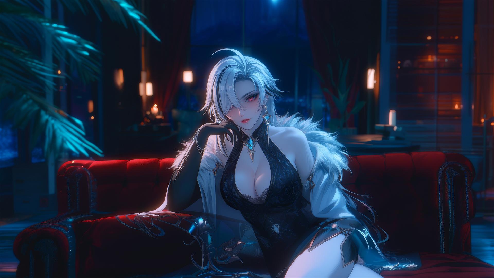 Arlecchino from Genshin Impact with white hair and black streaks, in a hotel room with moonlight.