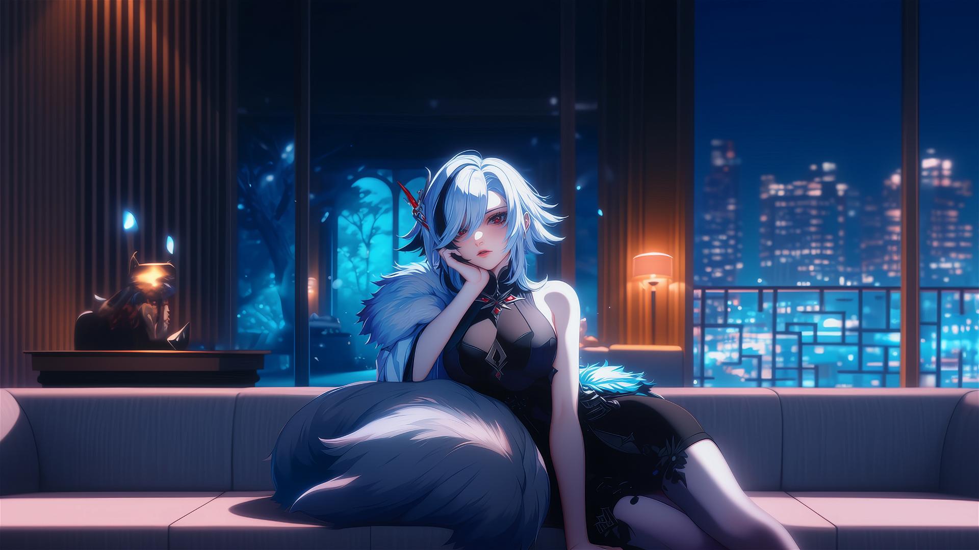 Arlecchino from Genshin Impact with striking eyes and unique hair in a modern hotel room