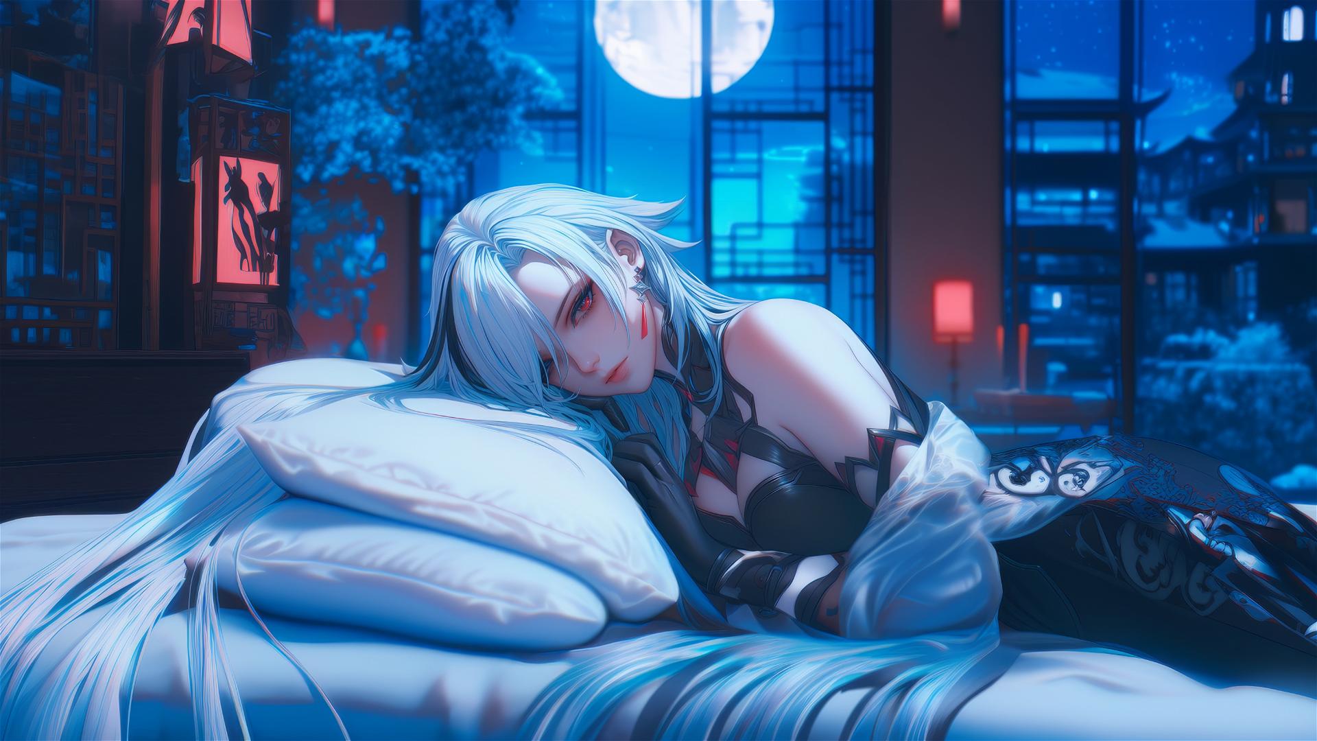 Arlecchino with snow white hair and black streaks, red 'x'-shaped pupils, resting in a moonlit modern hotel room.