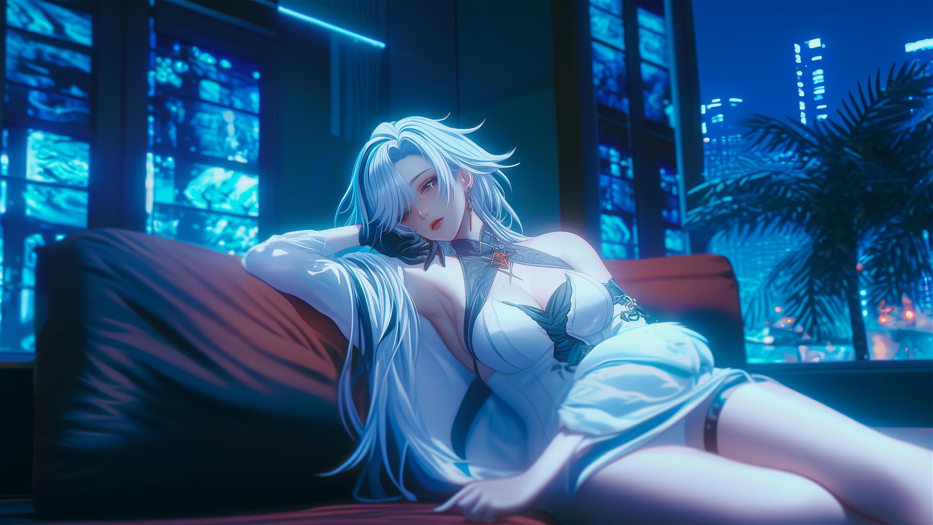 Arlecchino from Genshin Impact with black-streaked white hair and red x-shaped pupils, resting in a moonlit modern hotel room.