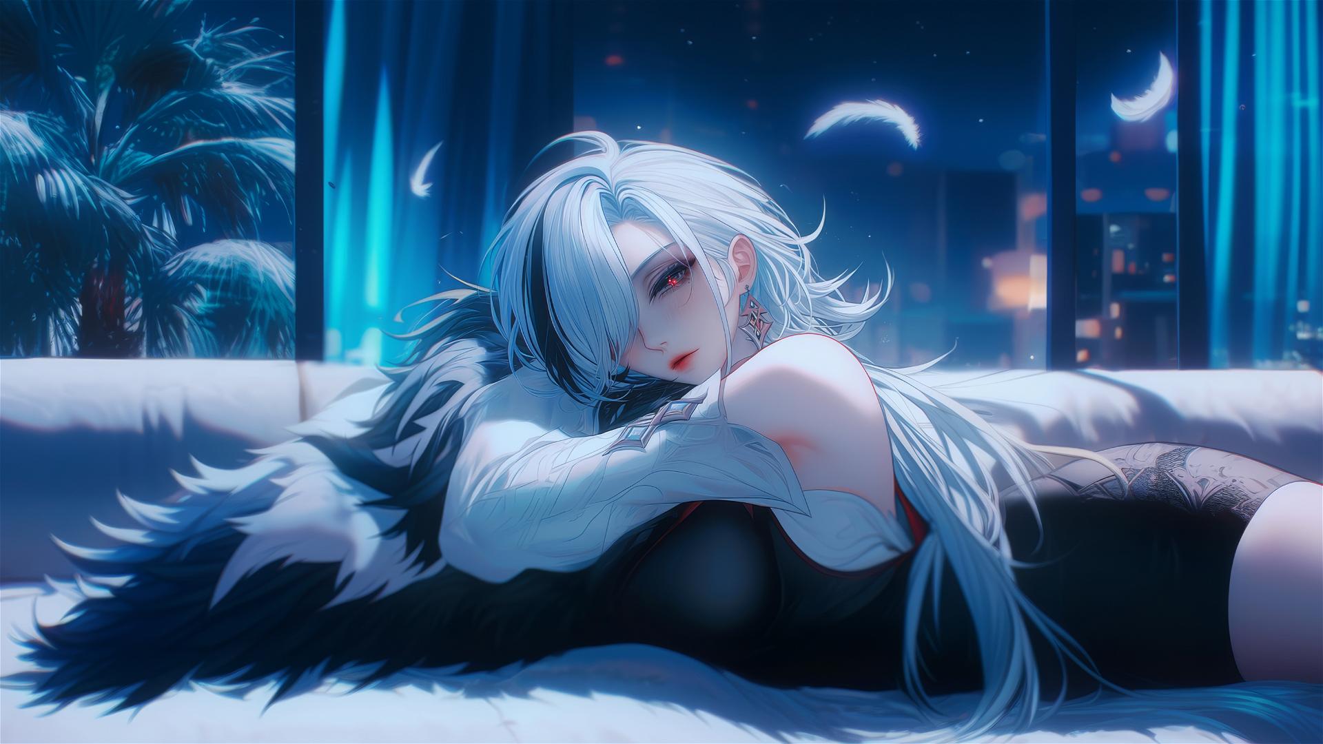 Arlecchino from Genshin Impact with snow white hair and black streaks, resting in a modern hotel room with moonlight glow.