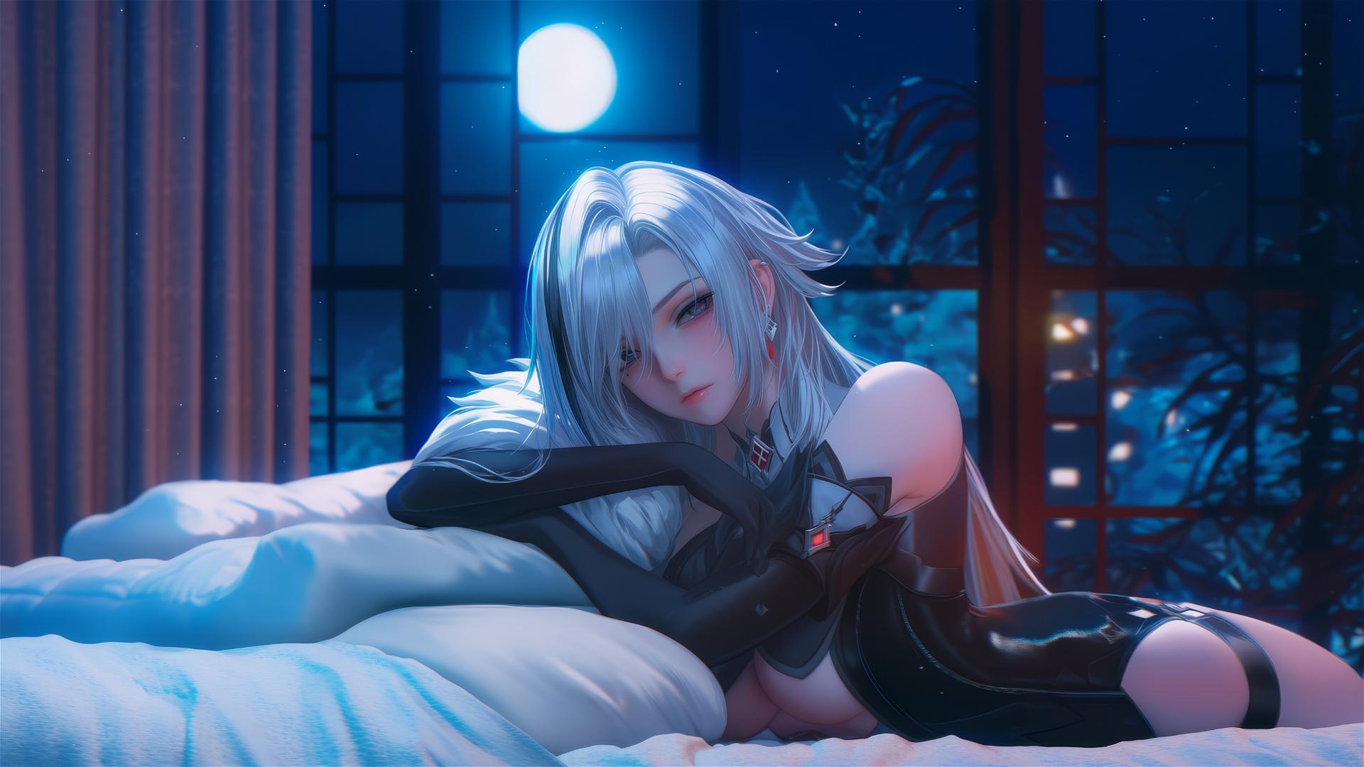 Arlecchino from Genshin Impact in a modern hotel room with moonlight glow
