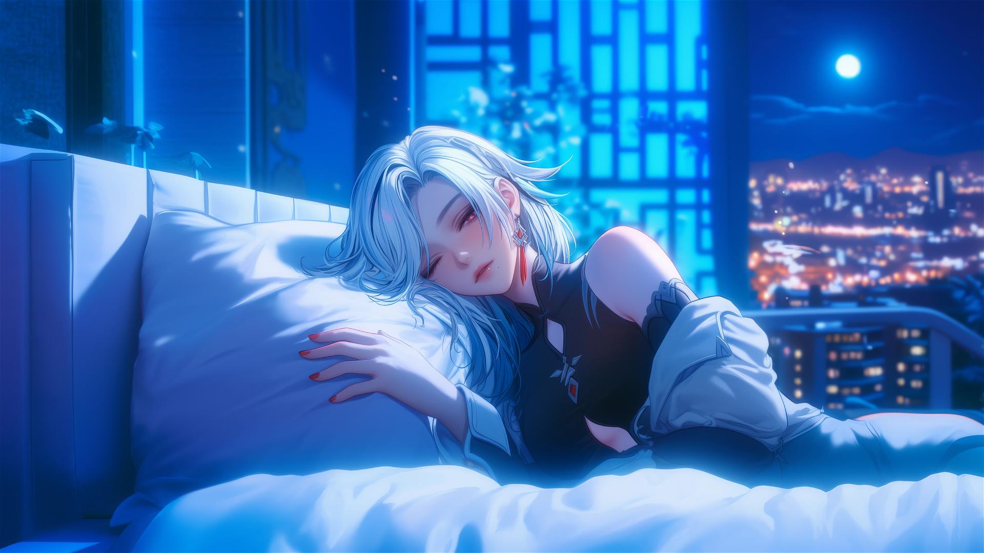 Arlecchino from Genshin Impact with snow white hair and black streaks rests in a modern hotel room with moonlight glow.