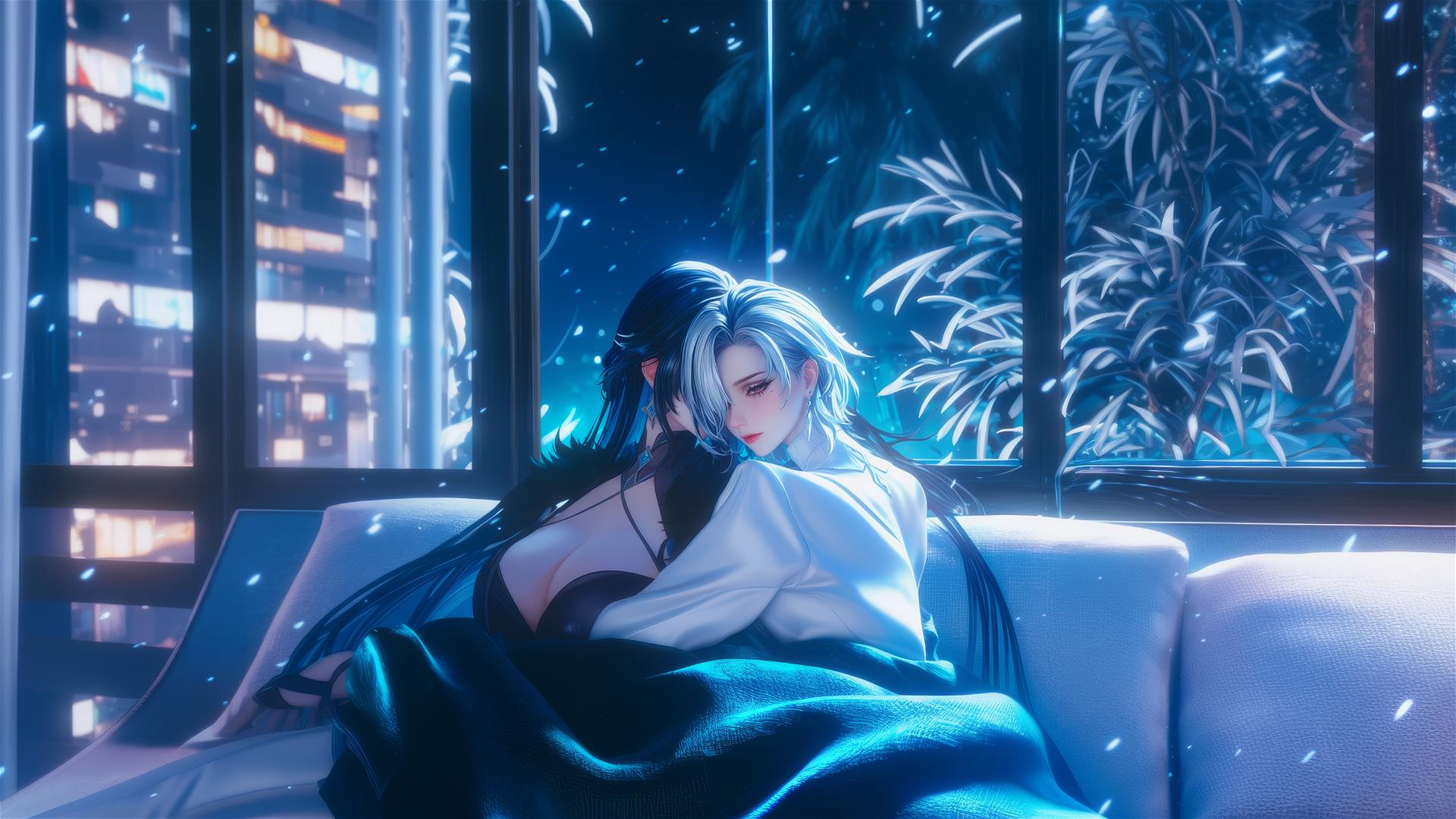 Arlecchino with snow white hair resting in a modern hotel room under moonlight.