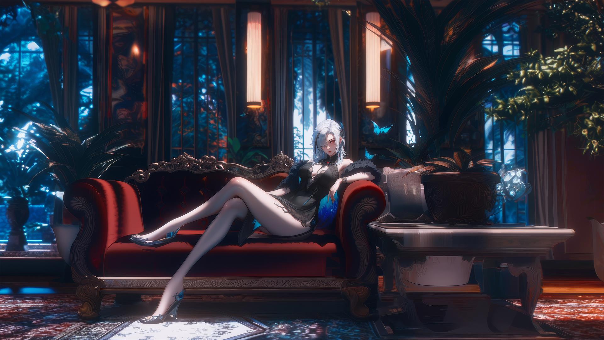 Arlecchino from Genshin Impact with unique eyes and snow white hair, resting in a moonlit hotel room.