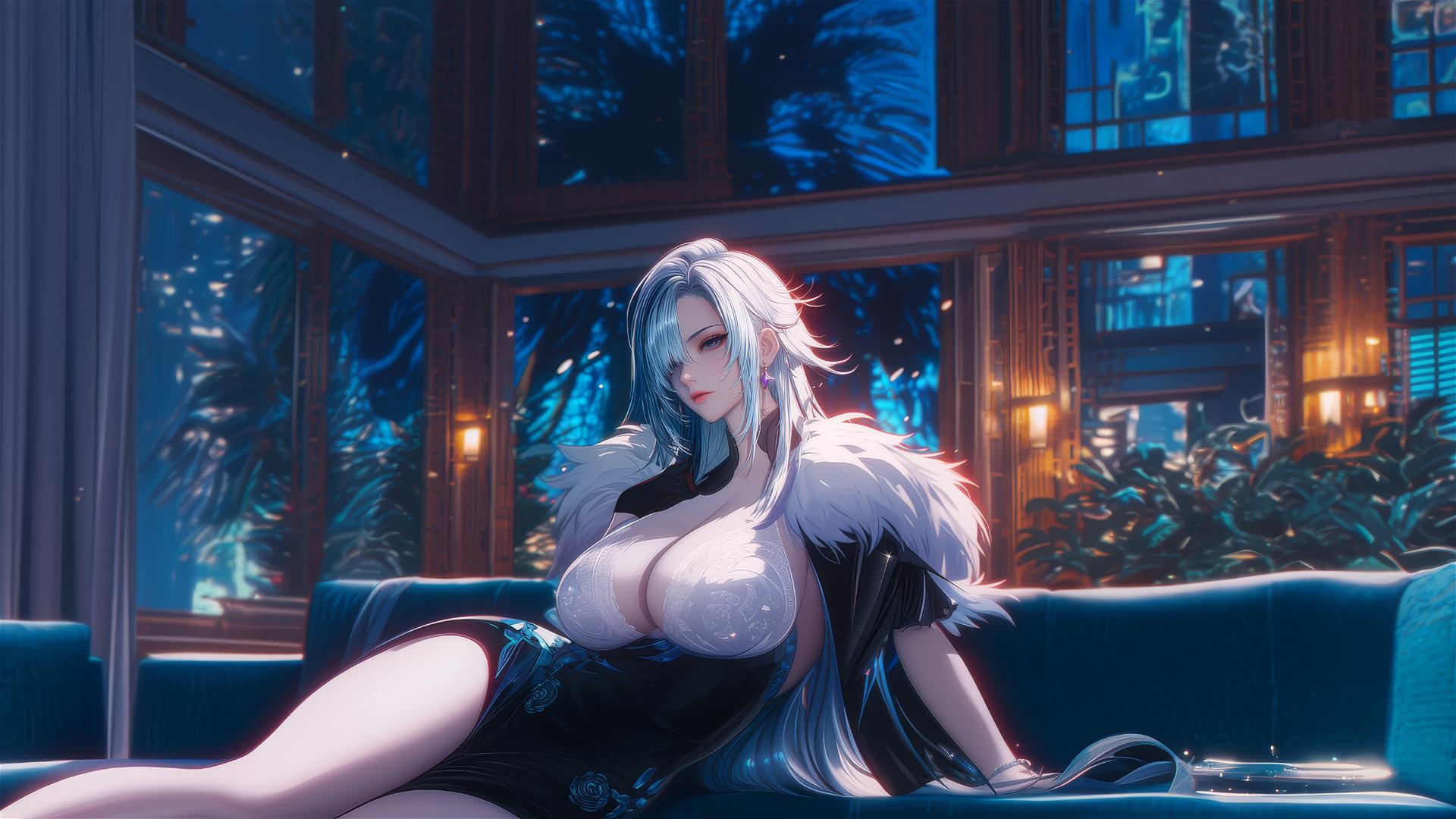 Arlecchino from Genshin Impact with snow white hair, black streaks, and red 'x' pupils, resting in a moonlit hotel room.