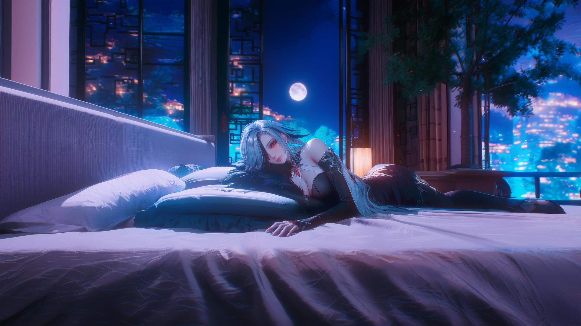 Arlecchino from Genshin Impact with white hair and black streaks, resting in a moonlit hotel room.
