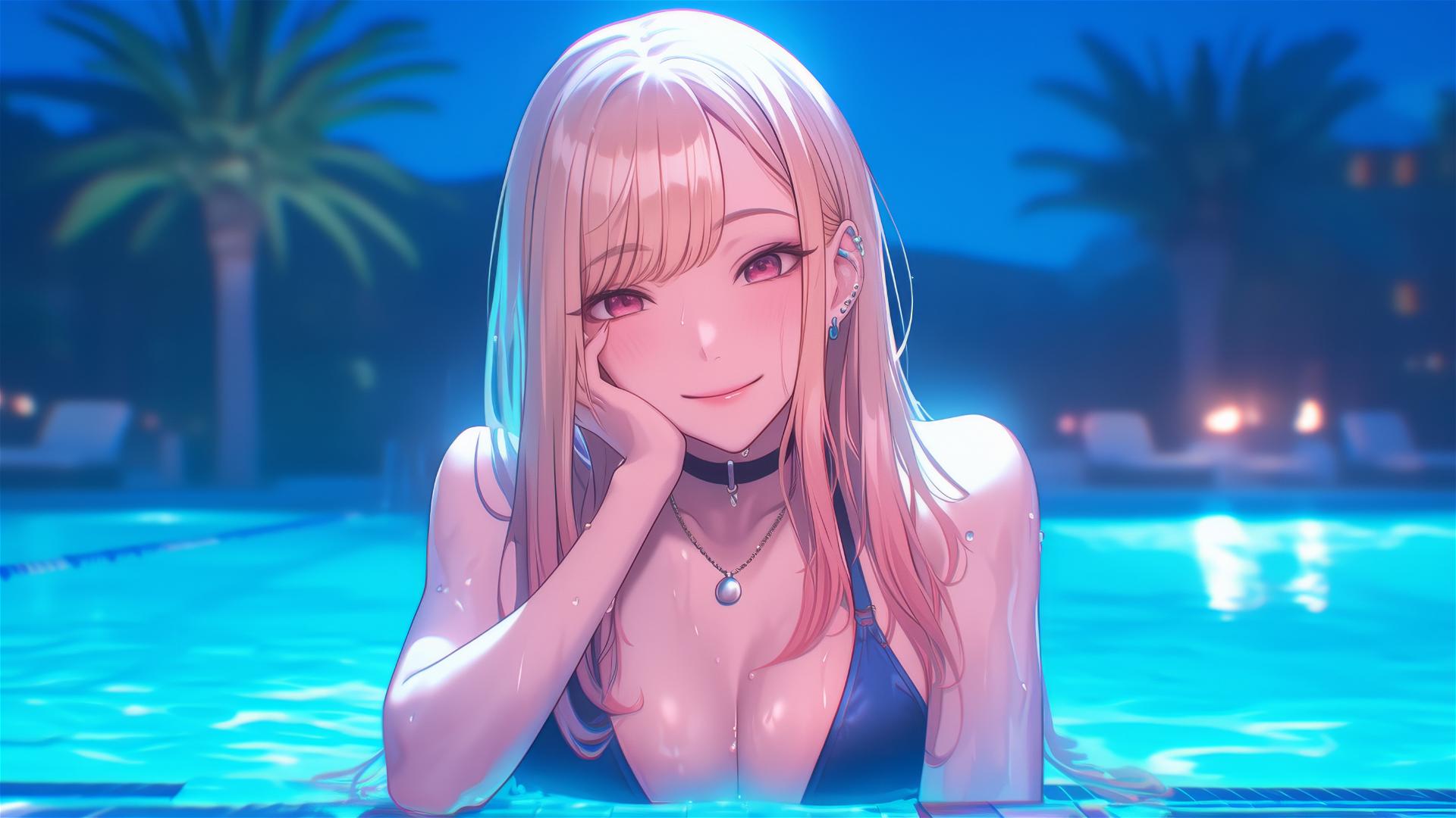 Marin Kitagawa resting at a rainy swimming pool with moonlight glow