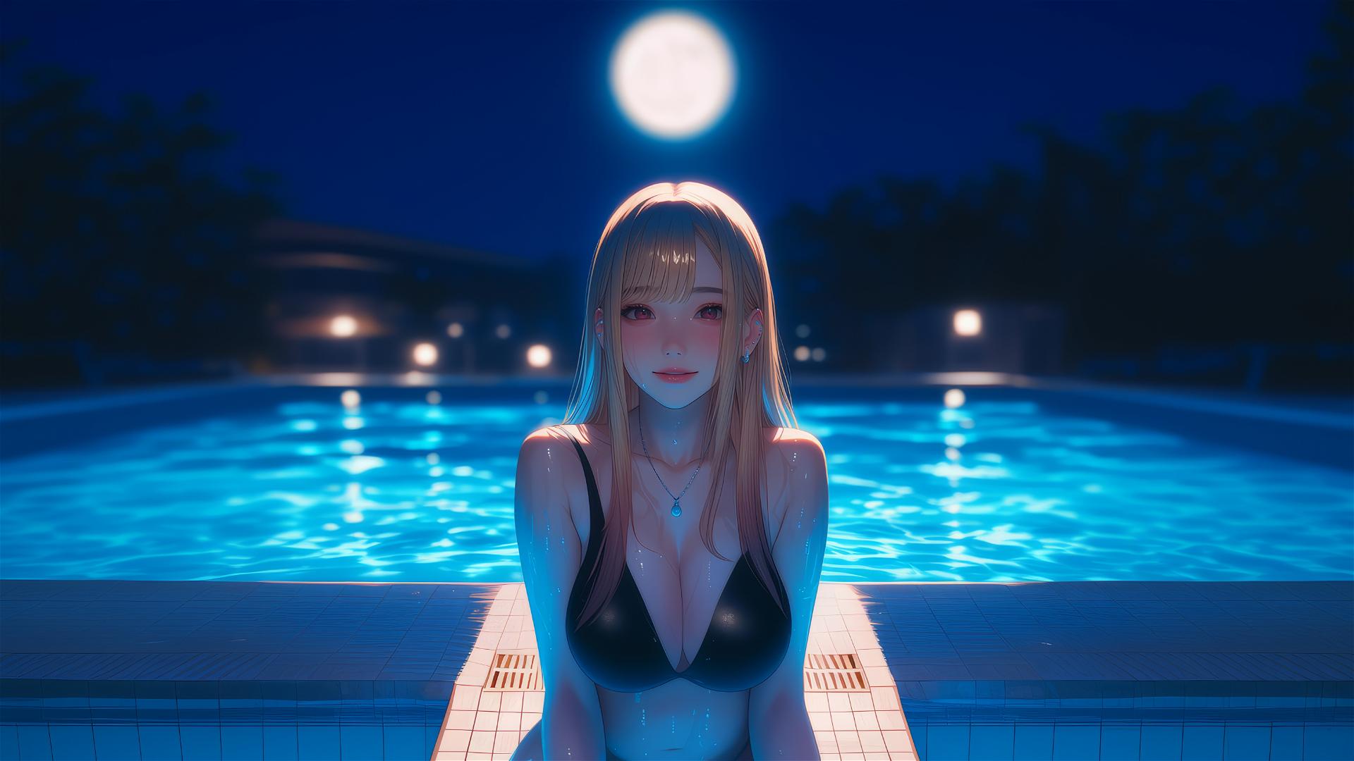 Marin Kitagawa sits by a rainy pool with moonlight casting a soft glow, blonde hair with pink tips.