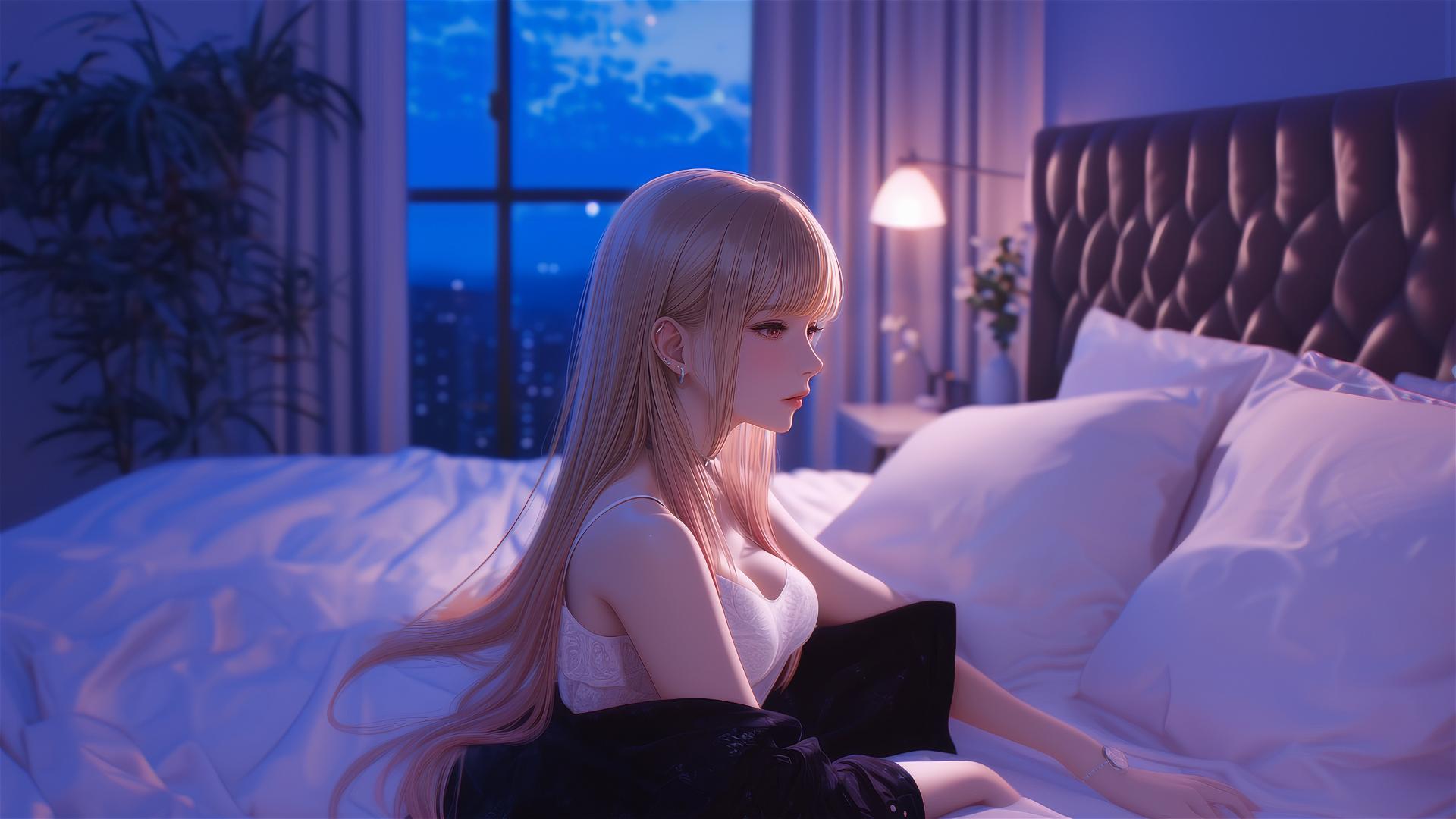 Marin Kitagawa, moonlit hotel bed, silky blonde hair