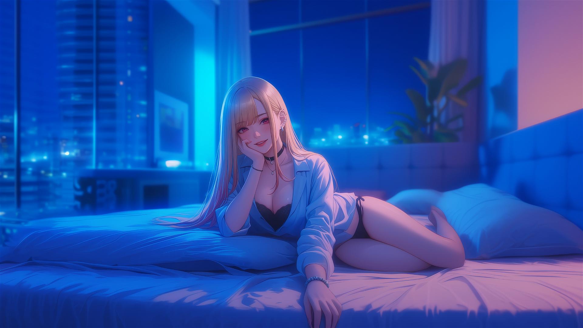 Marin Kitagawa from Kurikami City sitting on a hotel bed under moonlight