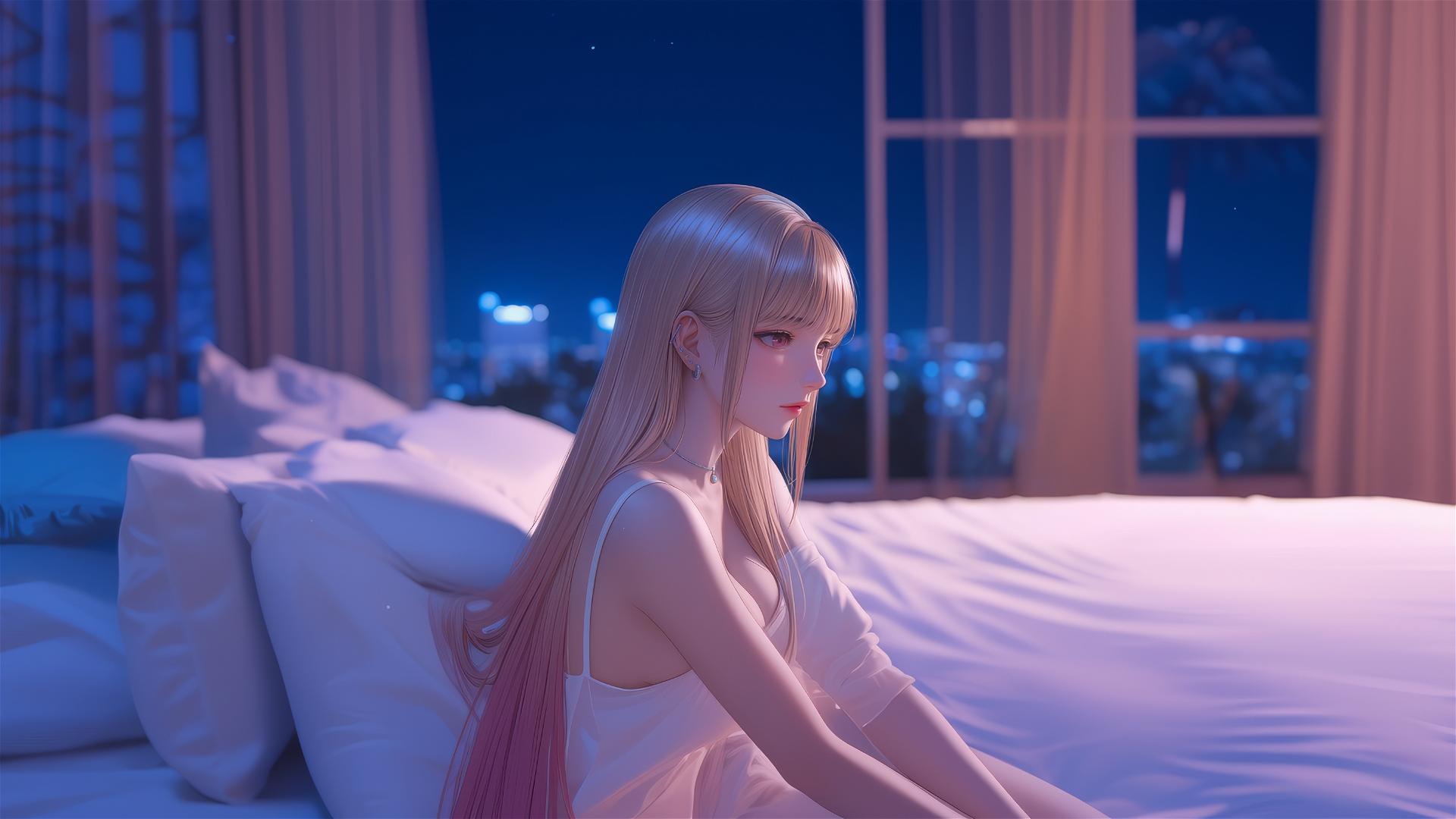 Marin Kitagawa sitting on a hotel bed in moonlight.