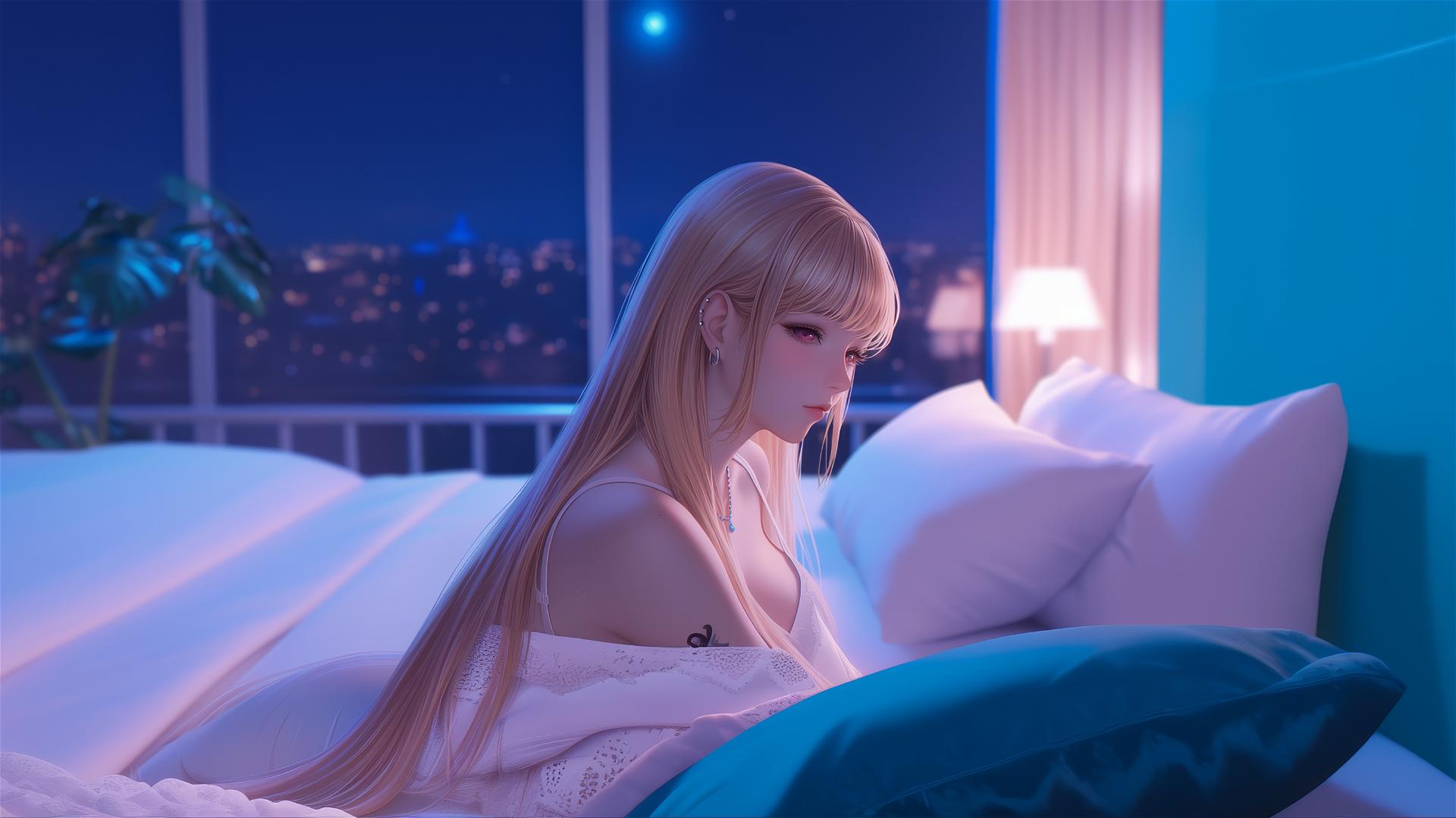 Marin Kitagawa sitting on a hotel bed under moonlight with pink-tipped blonde hair.
