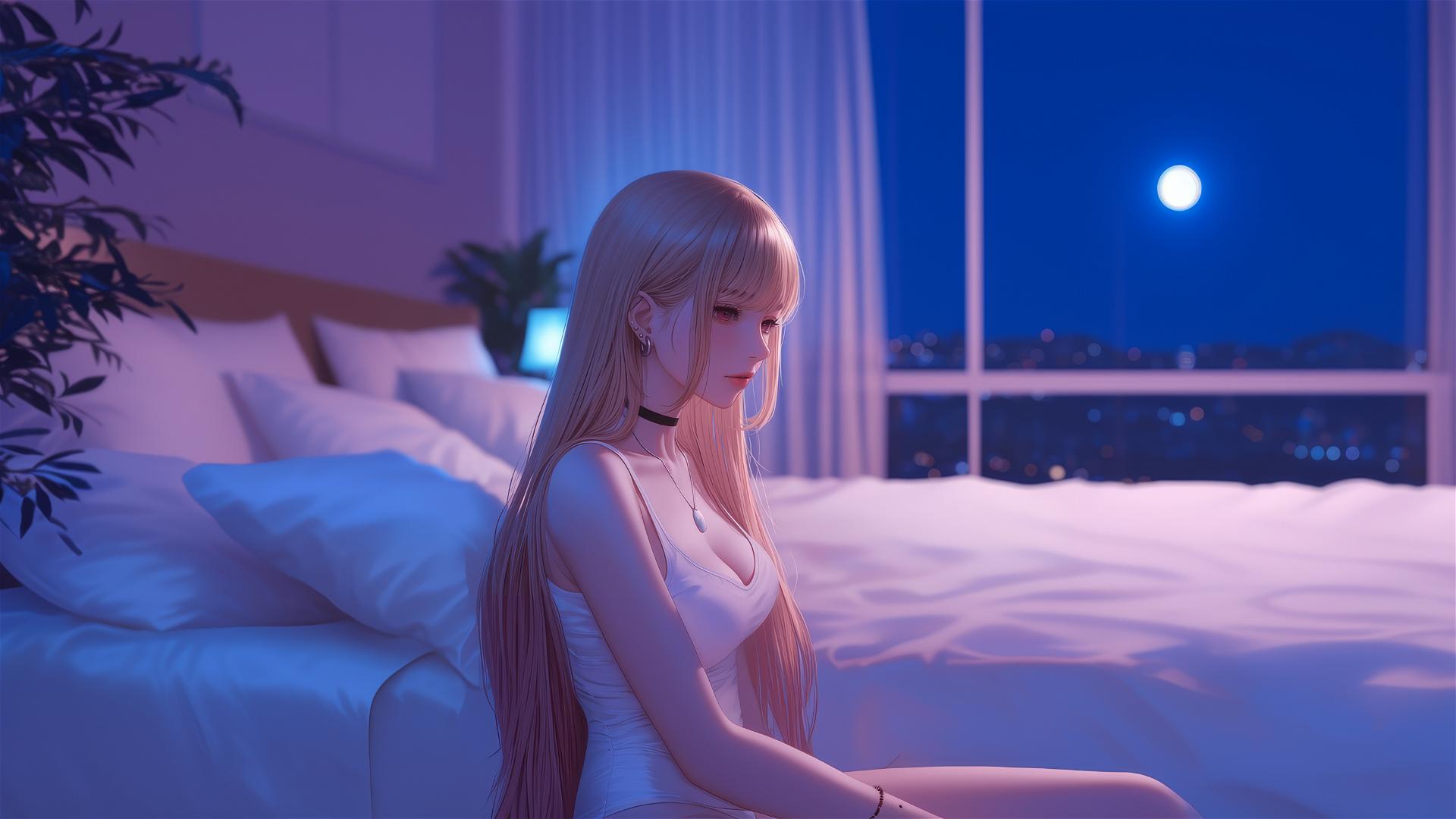 Marin Kitagawa sitting on a bed with moonlight highlighting her figure