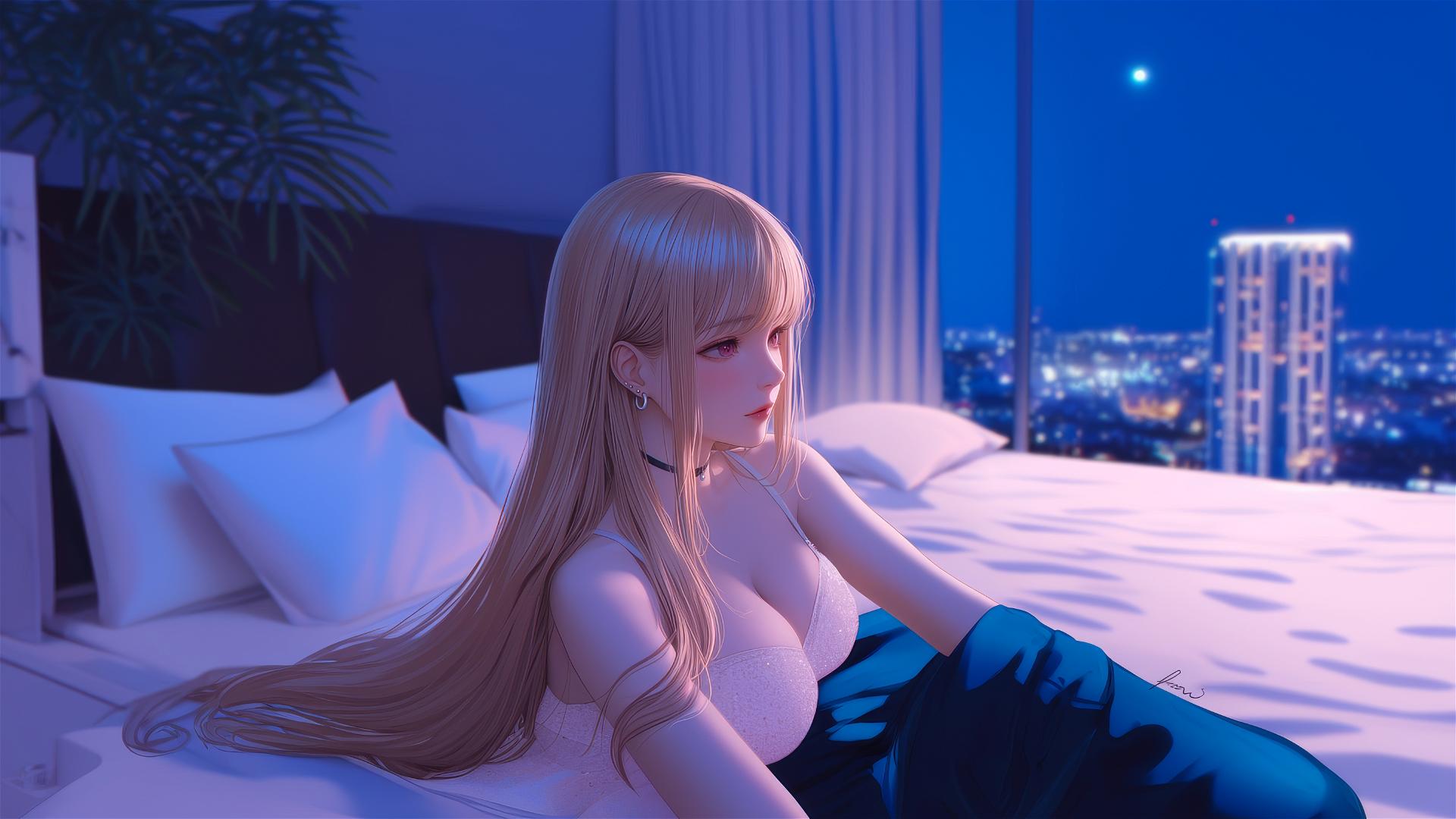 Marin Kitagawa sitting on a hotel bed illuminated by moonlight, silky blonde hair with pinkish-red or citrus orange tips, pinkish eyes