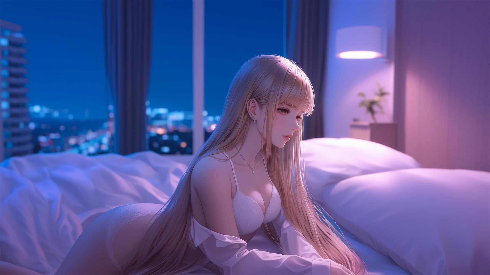 Marin Kitagawa with silky blonde hair tipped with pinkish-red, sitting on a hotel bed in moonlight.