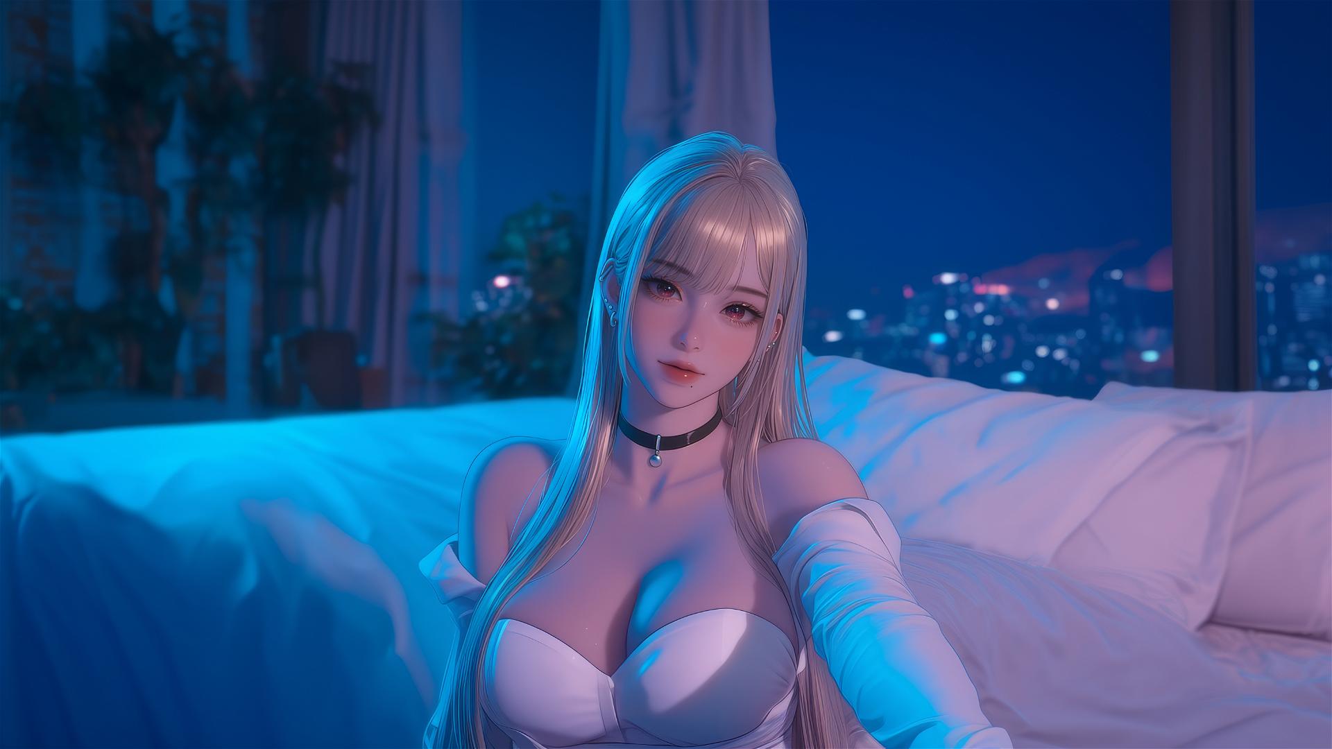 Marin Kitagawa sitting on hotel bed in moonlight with pinkish-red tipped blonde hair.