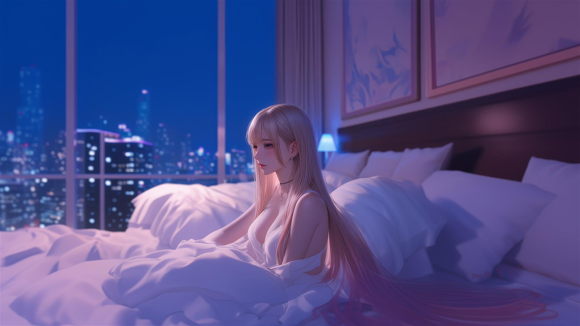 Marin Kitagawa under moonlight sitting on hotel bed.