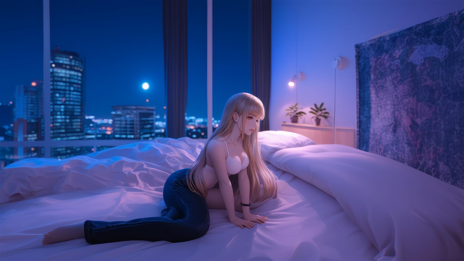 Marin Kitagawa sitting on a hotel bed bathed in moonlight, silky blonde-pink hair