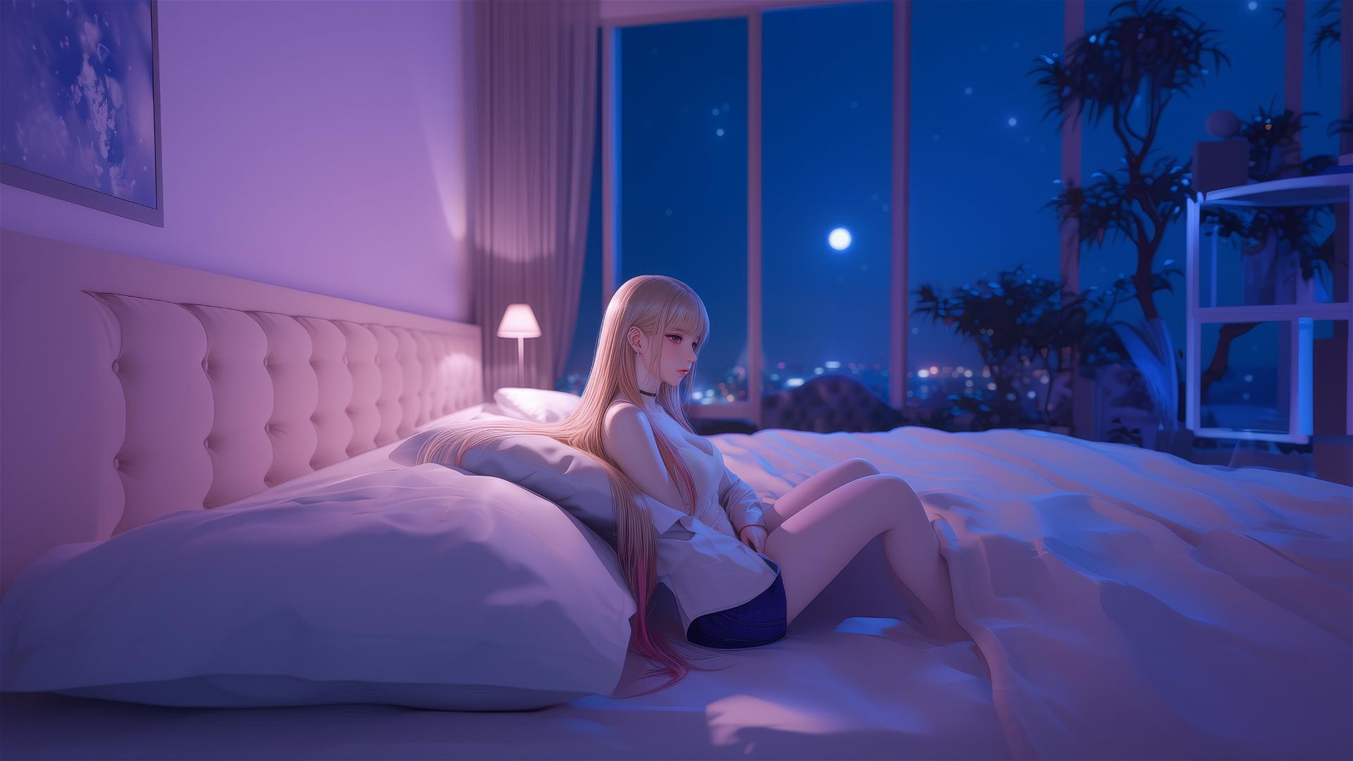 Marin Kitagawa sitting on a hotel bed illuminated by moonlight