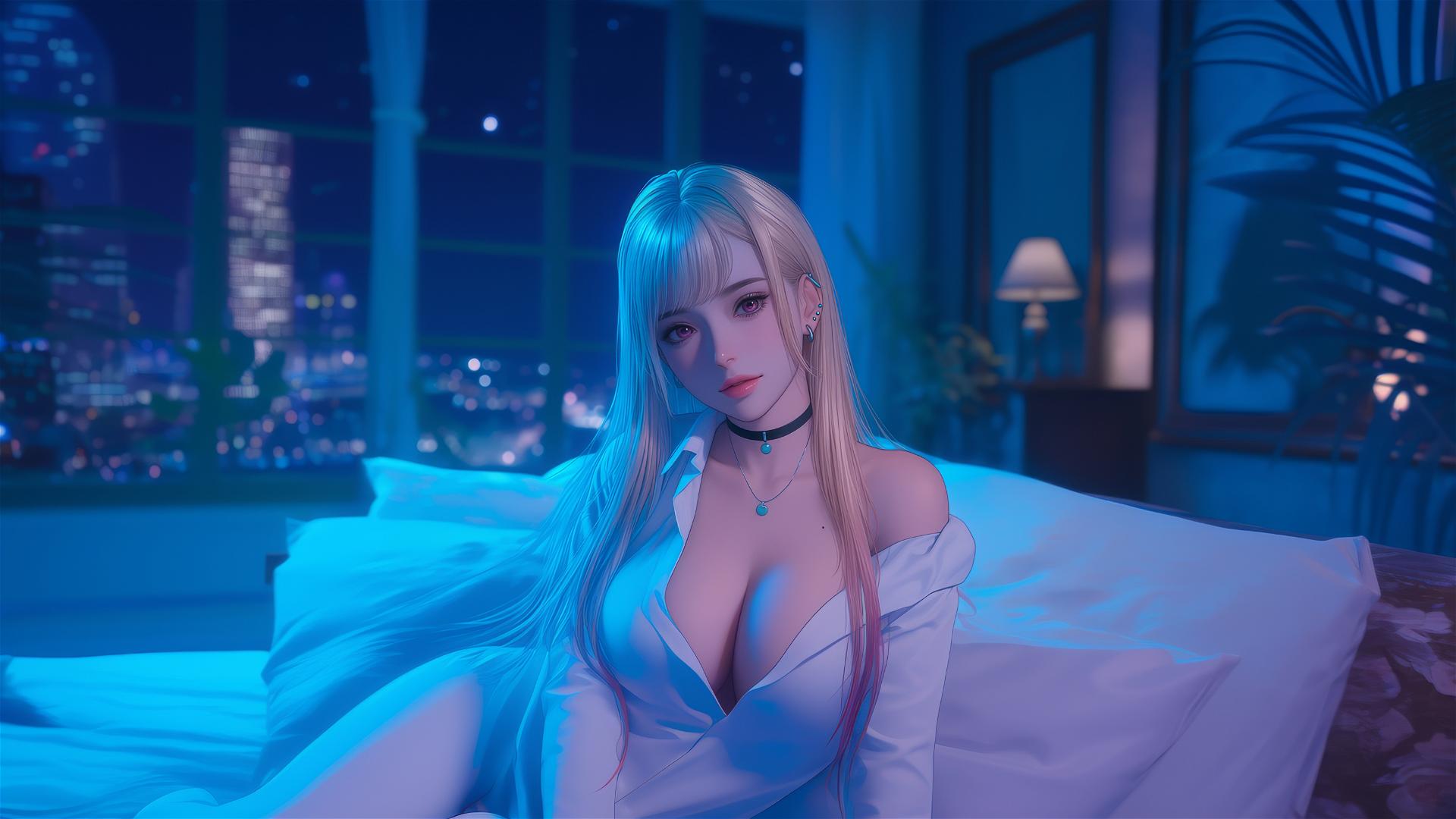 Marin Kitagawa on a hotel bed with moonlight glow, blonde hair with pink tips