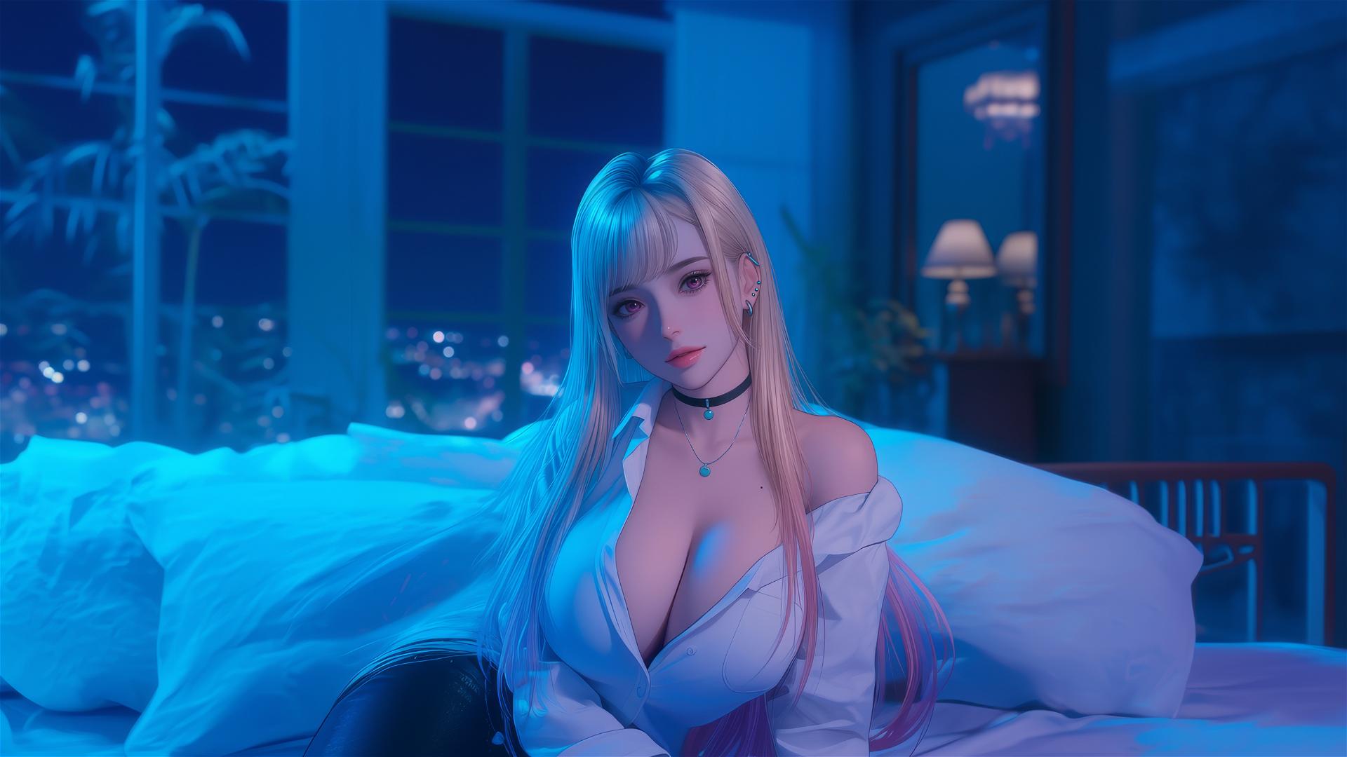 Marin Kitagawa sitting on a hotel bed with moonlight on her