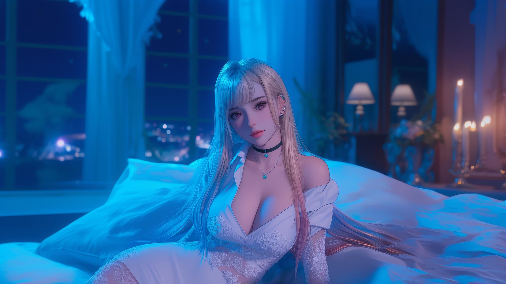 Marin Kitagawa sitting at hotel bed with moonlight glow