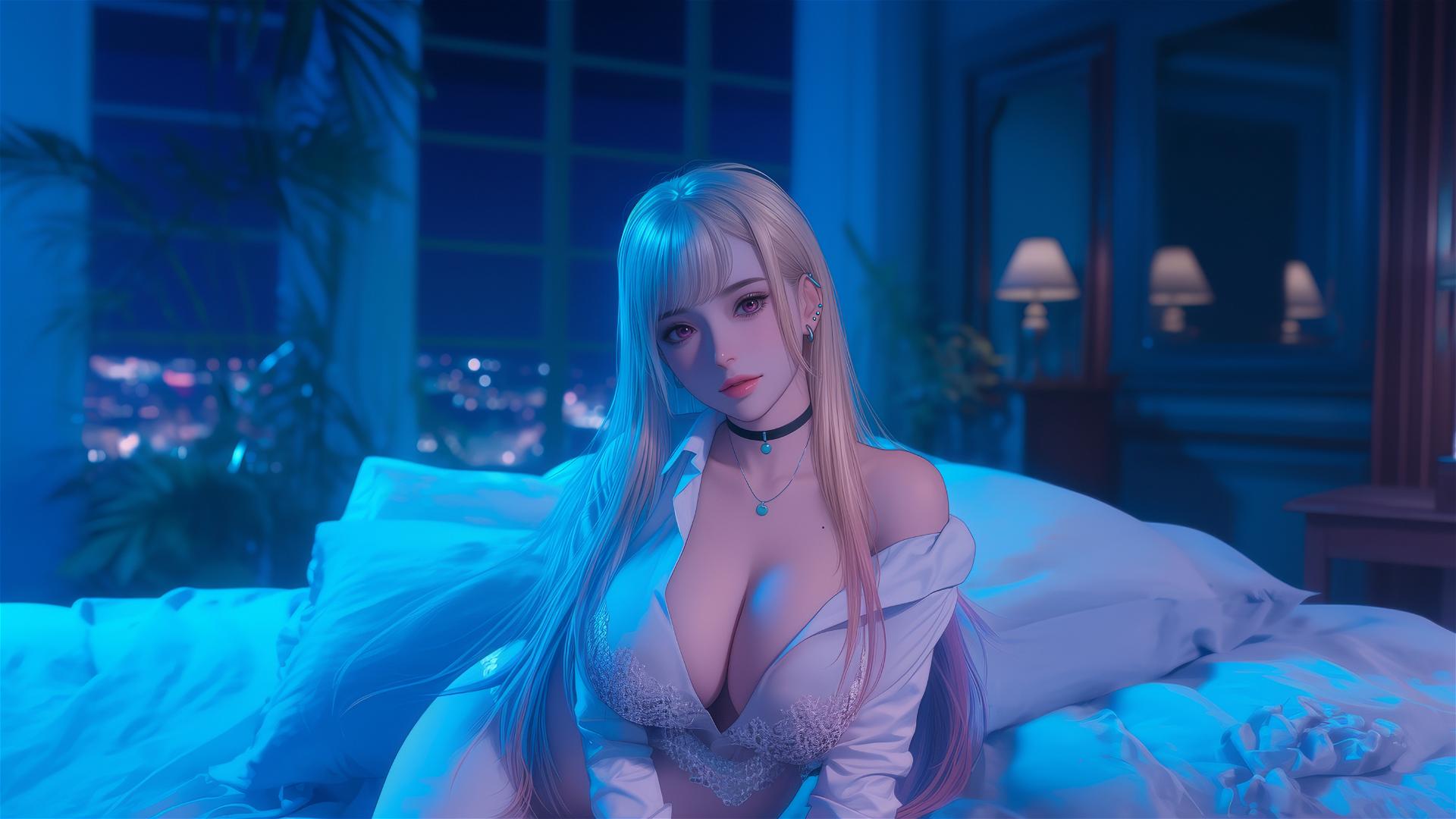 Marin Kitagawa sitting on a hotel bed with moonlight glow