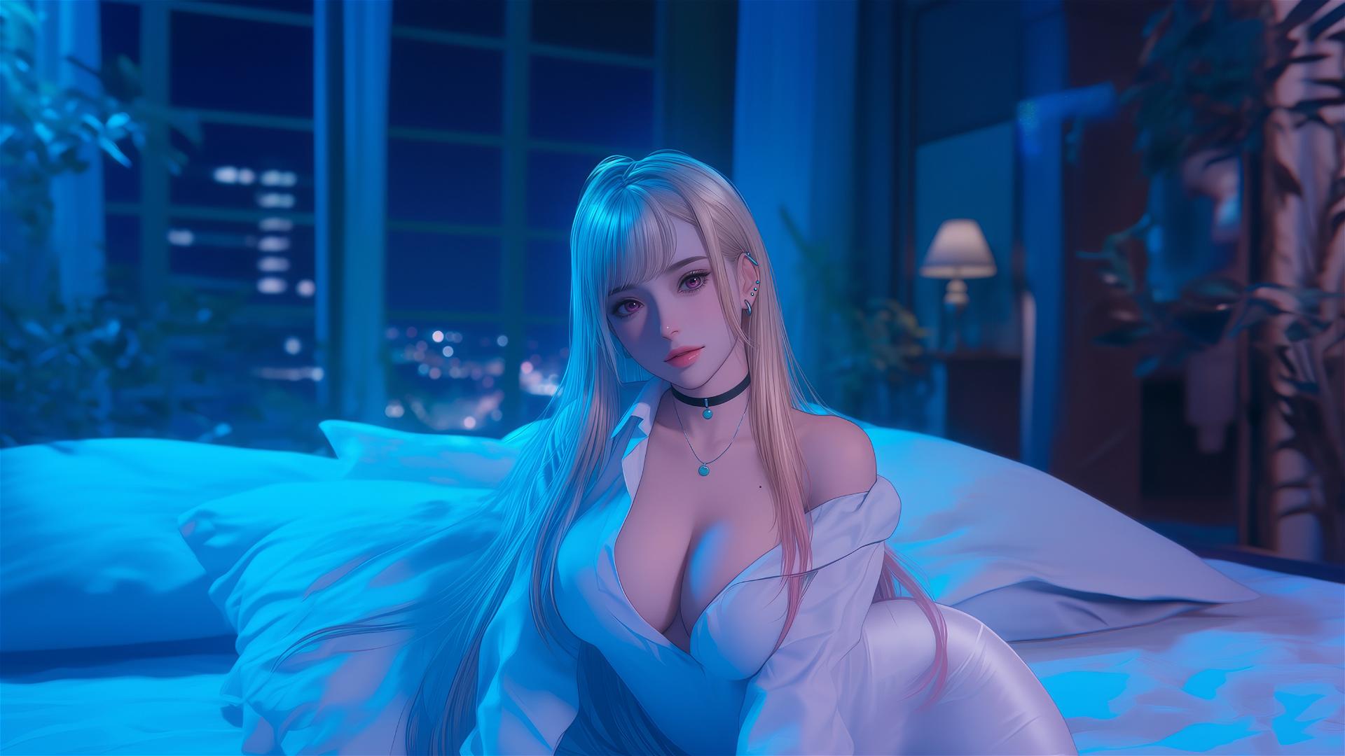 Marin Kitagawa sitting on a hotel bed with moonlight glow