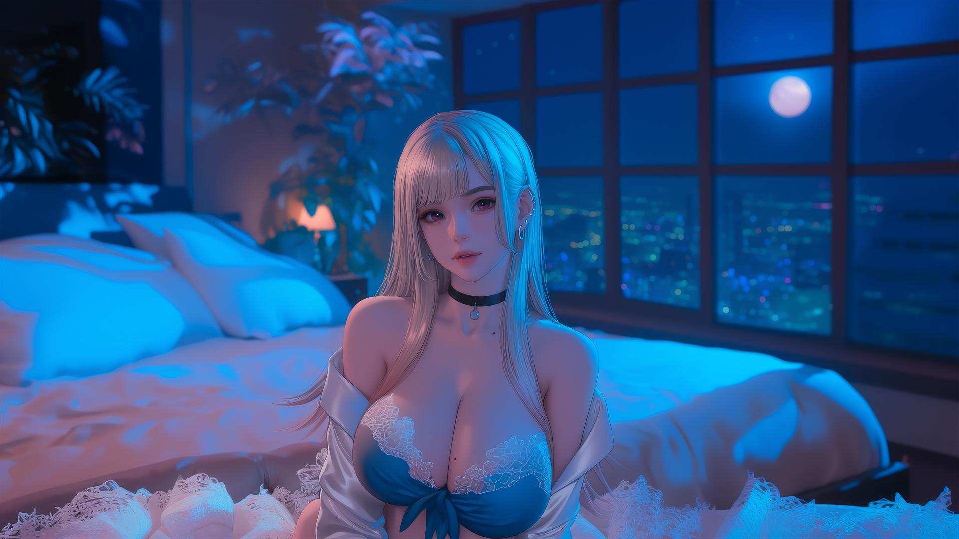 Marin Kitagawa sitting on a hotel bed with moonlight glow