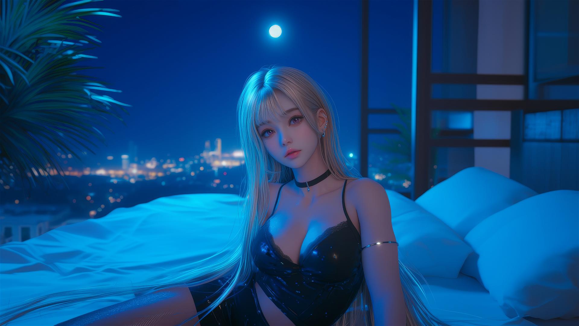 Marin Kitagawa sitting on a hotel bed illuminated by moonlight.