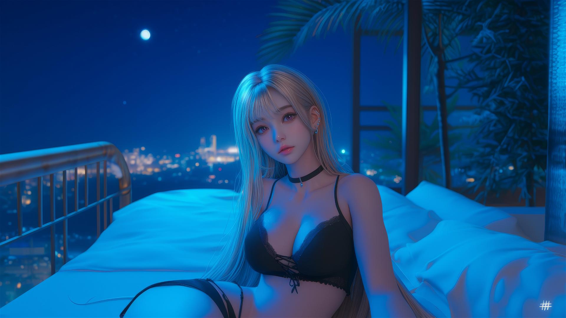 Marin Kitagawa sits on a hotel bed, moonlight casting a soft glow, blonde hair with pink tips.