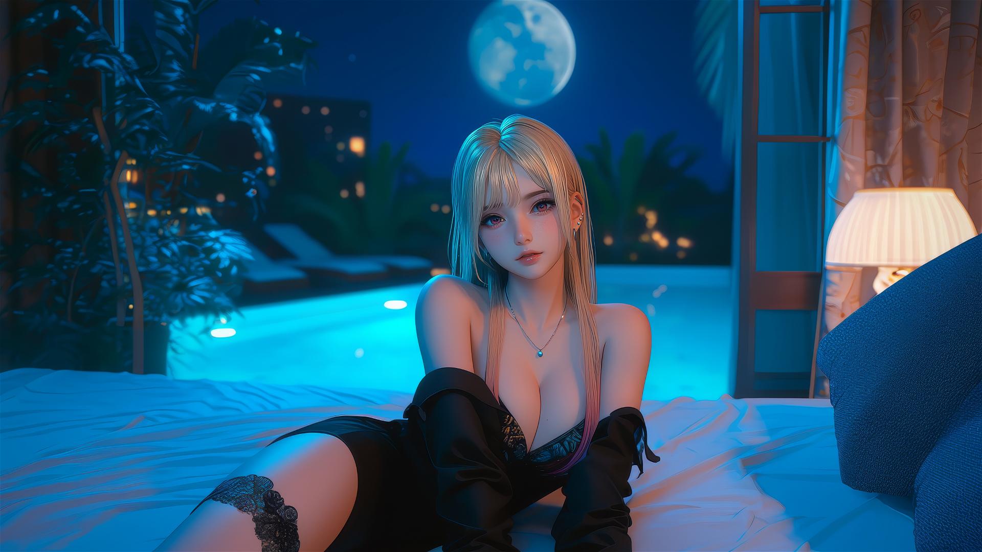 Marin Kitagawa sitting on a hotel bed with moonlight glow, blonde hair with color tips