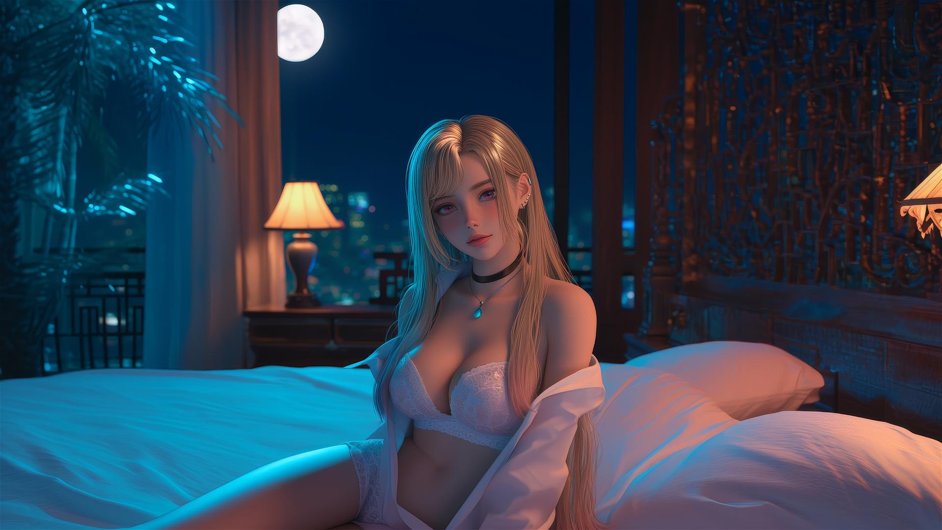 Marin Kitagawa sitting on hotel bed illuminated by moonlight