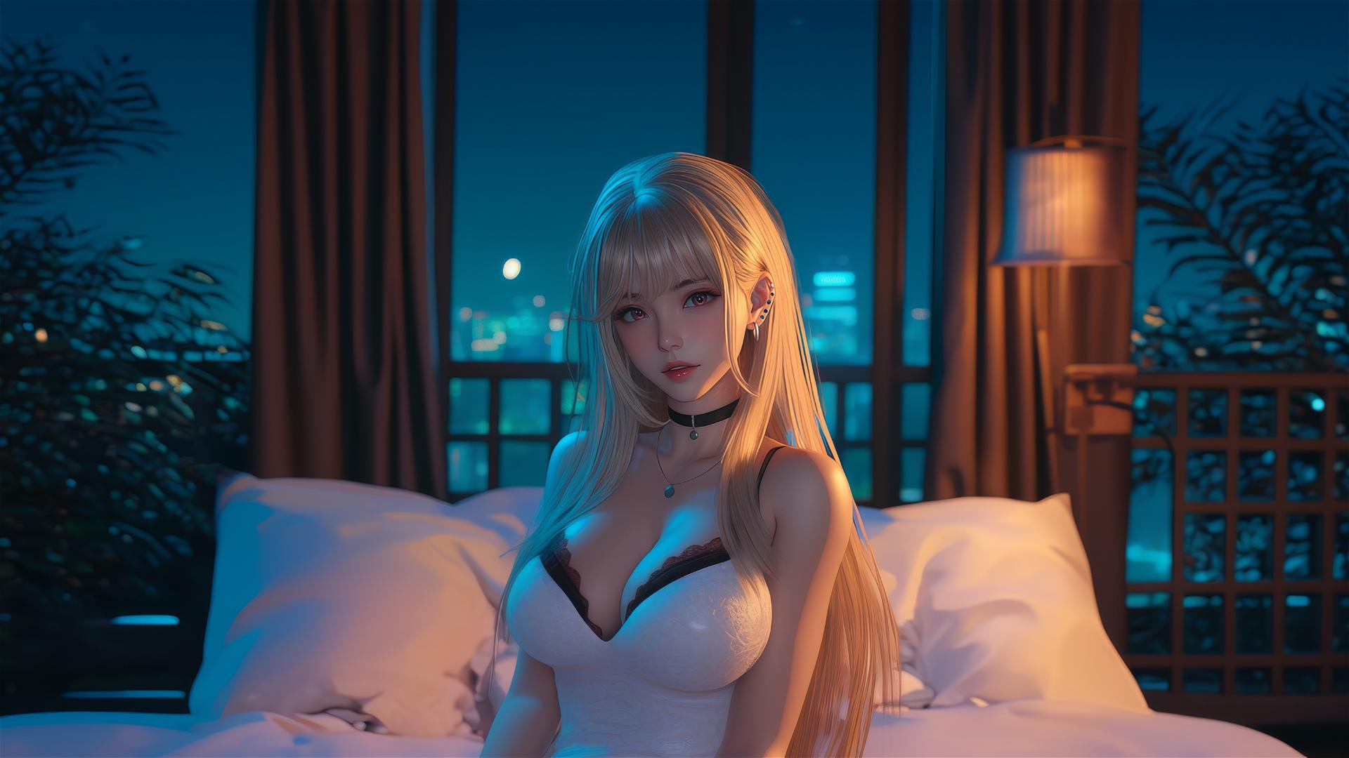 Marin Kitagawa sitting on a hotel bed with moonlight casting a glow