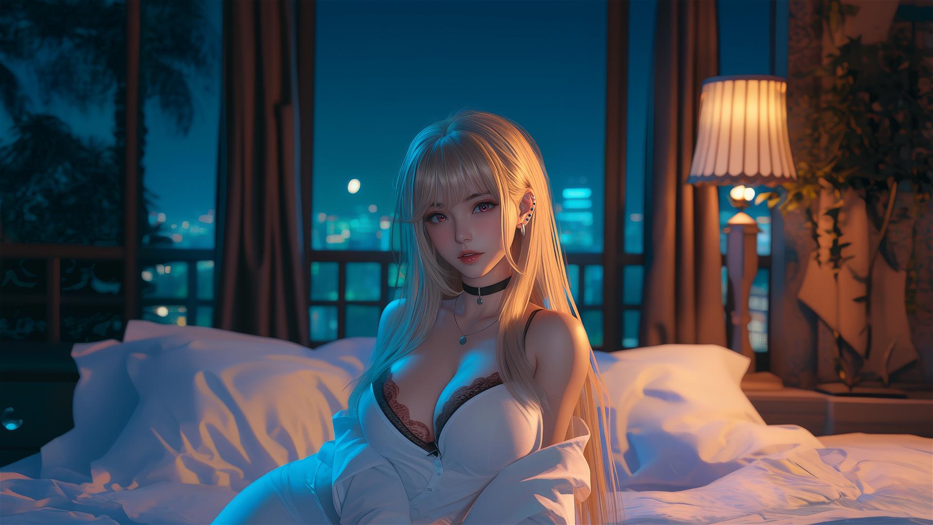 Marin Kitagawa sitting on a hotel bed with moonlight glow