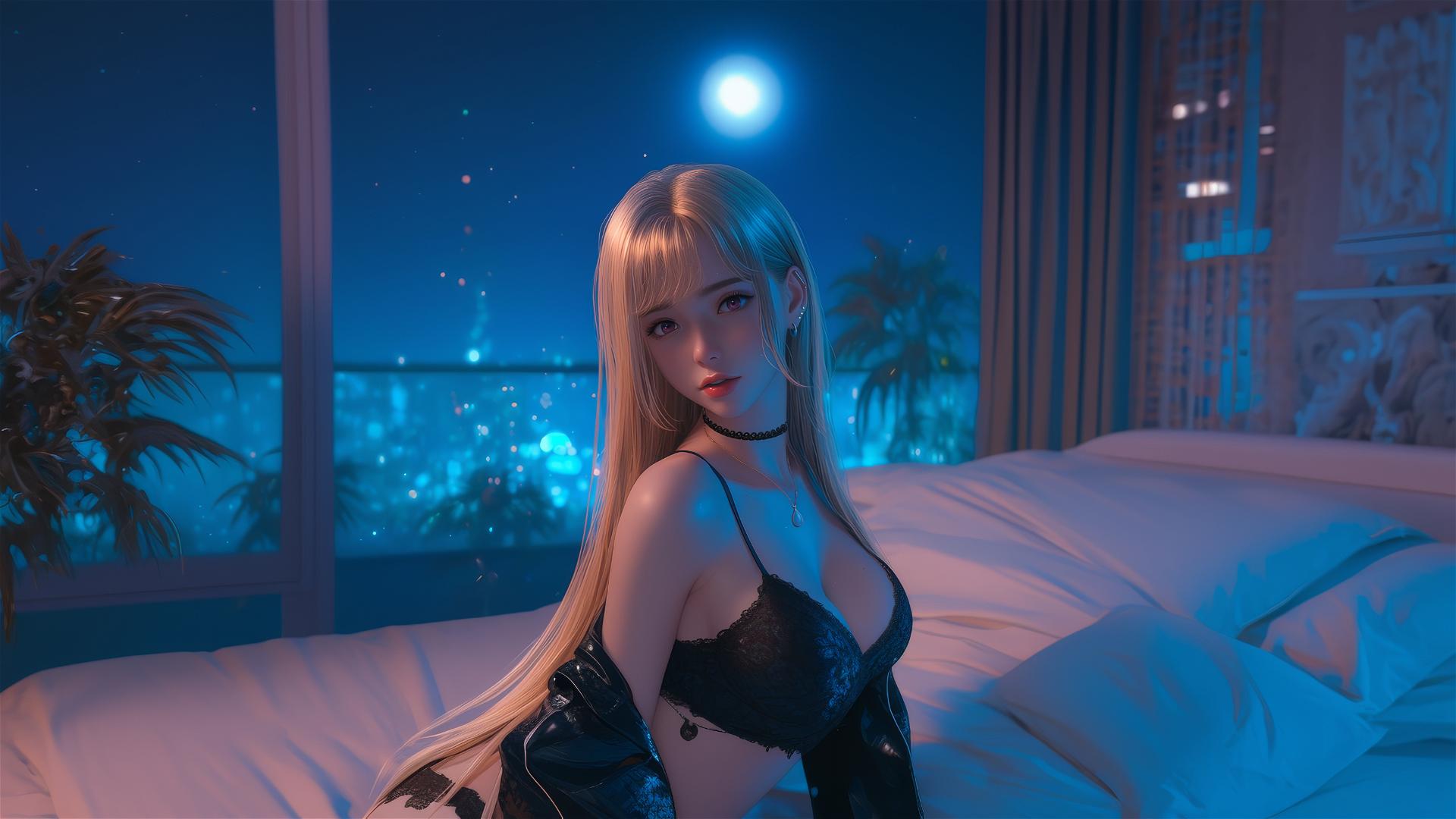 Marin Kitagawa sits on a hotel bed with moonlight casting a glow.